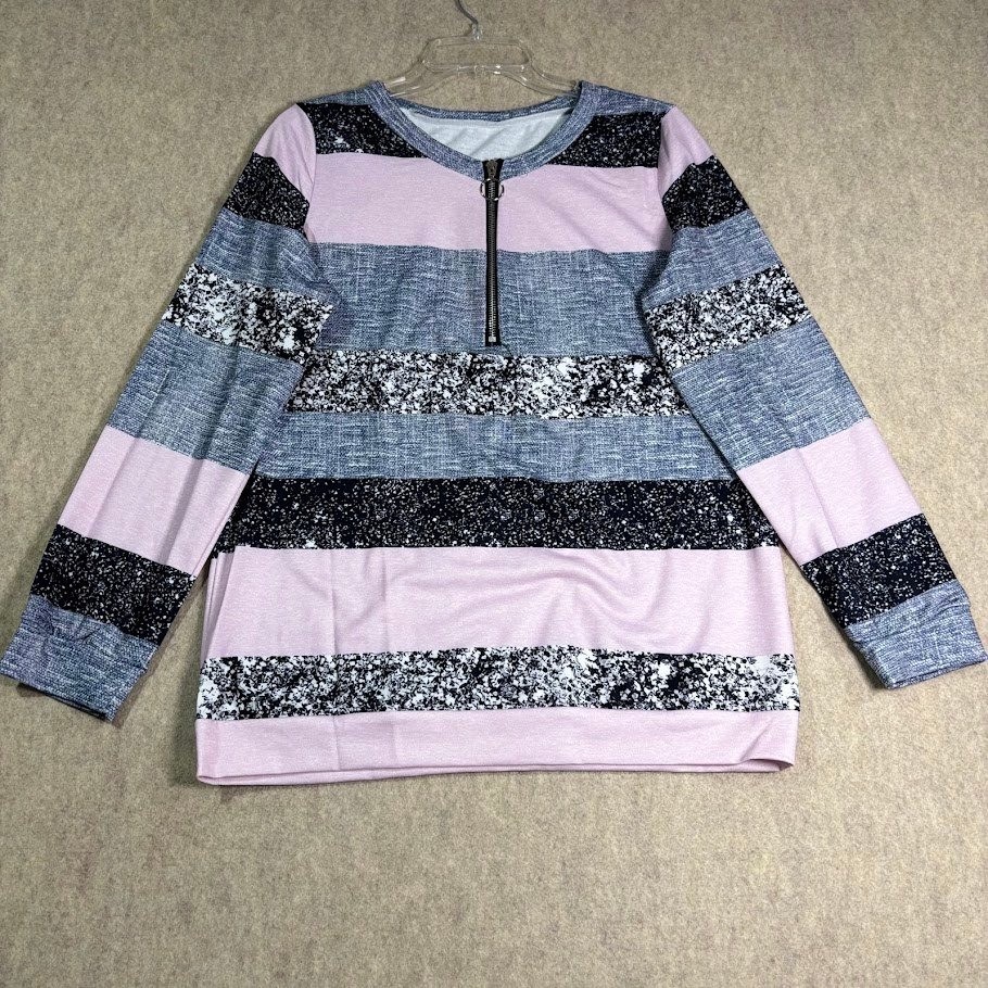 Striped Long Sleeve Quarter Zip Pullover Womens M Pink Grey Polyester Casual Top