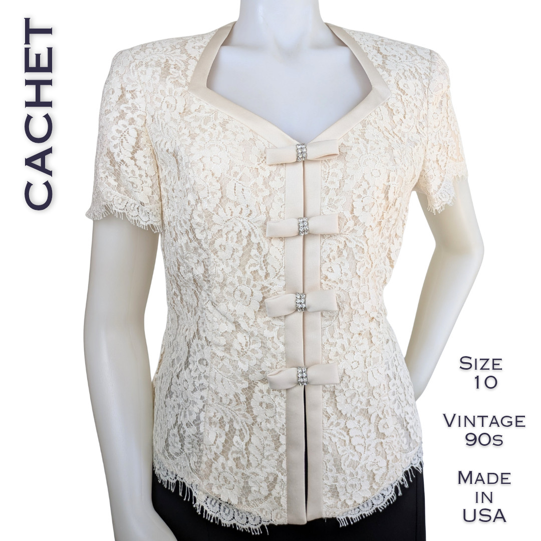 Cachet by Bari Protas Vintage 90s Blazer Style Top 10 Cream Lace Rhinestone Bows