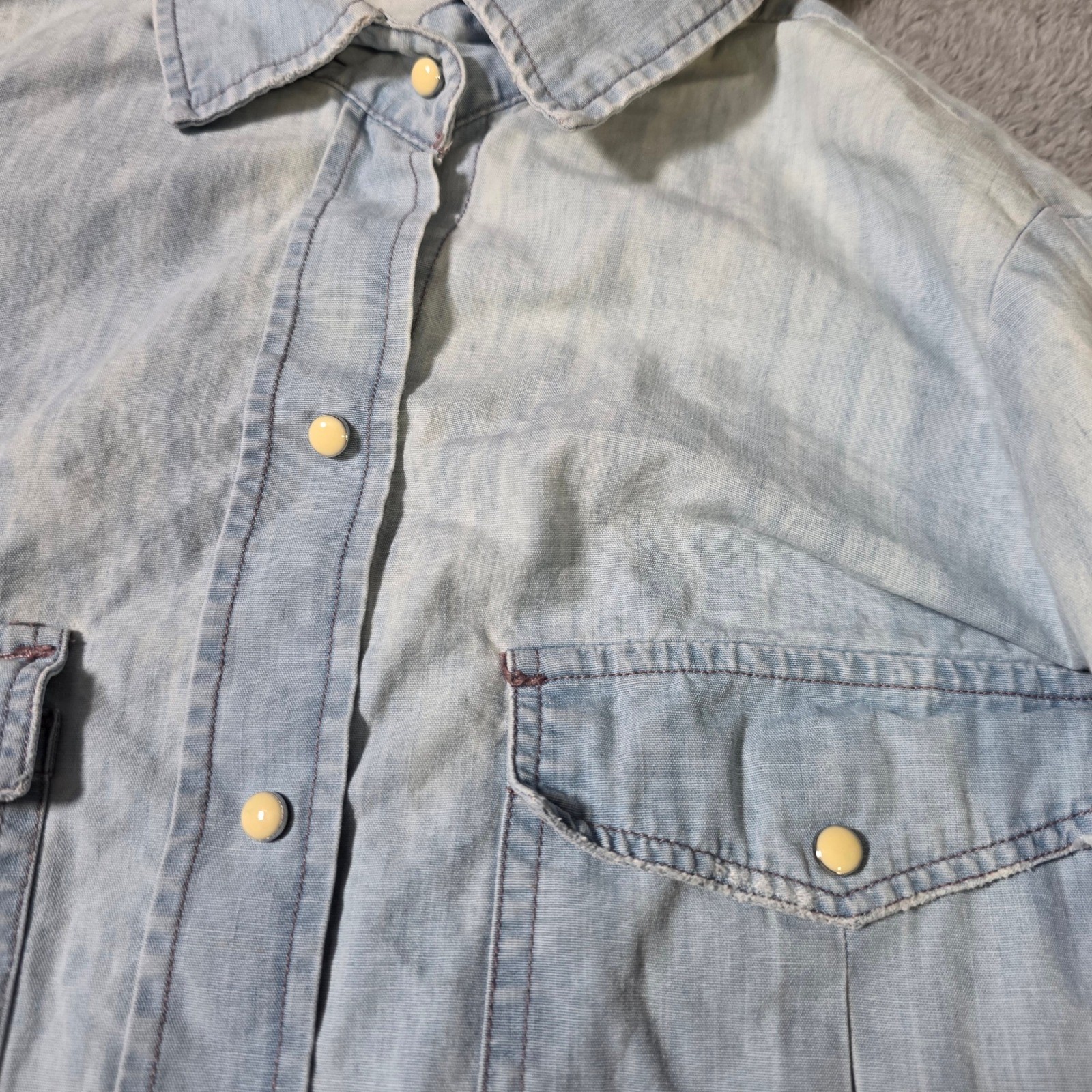 Zara Womens S Denim Shirt Light Wash Blue Western Snap Button Roll Tab 1532