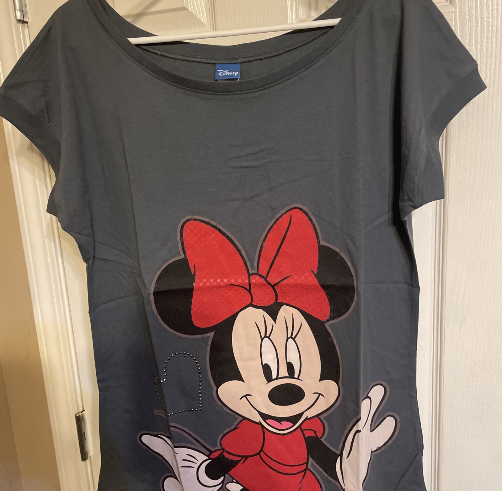 New Disney Minnie Mouse Womens Gray Double-sided Graphic Logo Tshirt Large 14-16