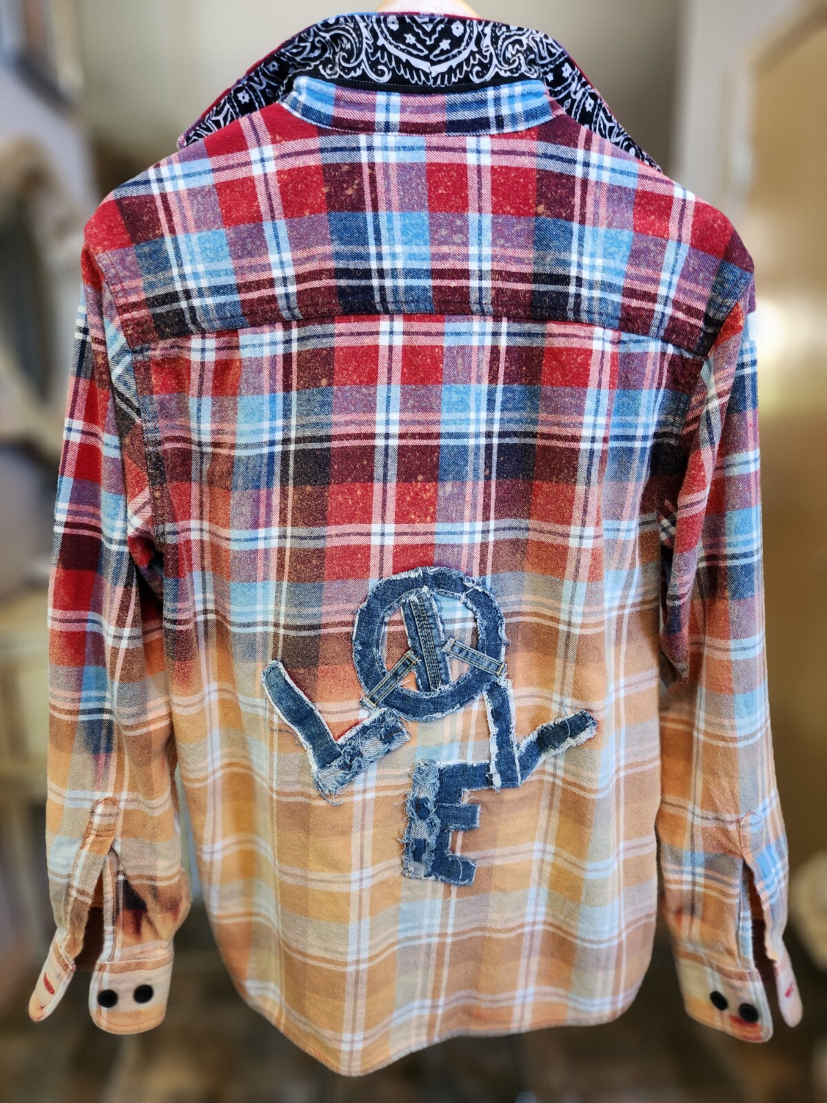 UPCYCLED Flannel Distressed Denim Jumble LOVE Logo Red/Blue OMBRE TieDye DIP L