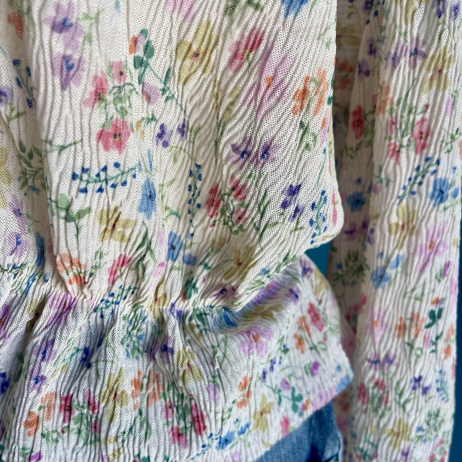 Anthropologie Womens Floral Mesh Ruffle Smocked V-Neck Puff Blouse L Boho Pretty