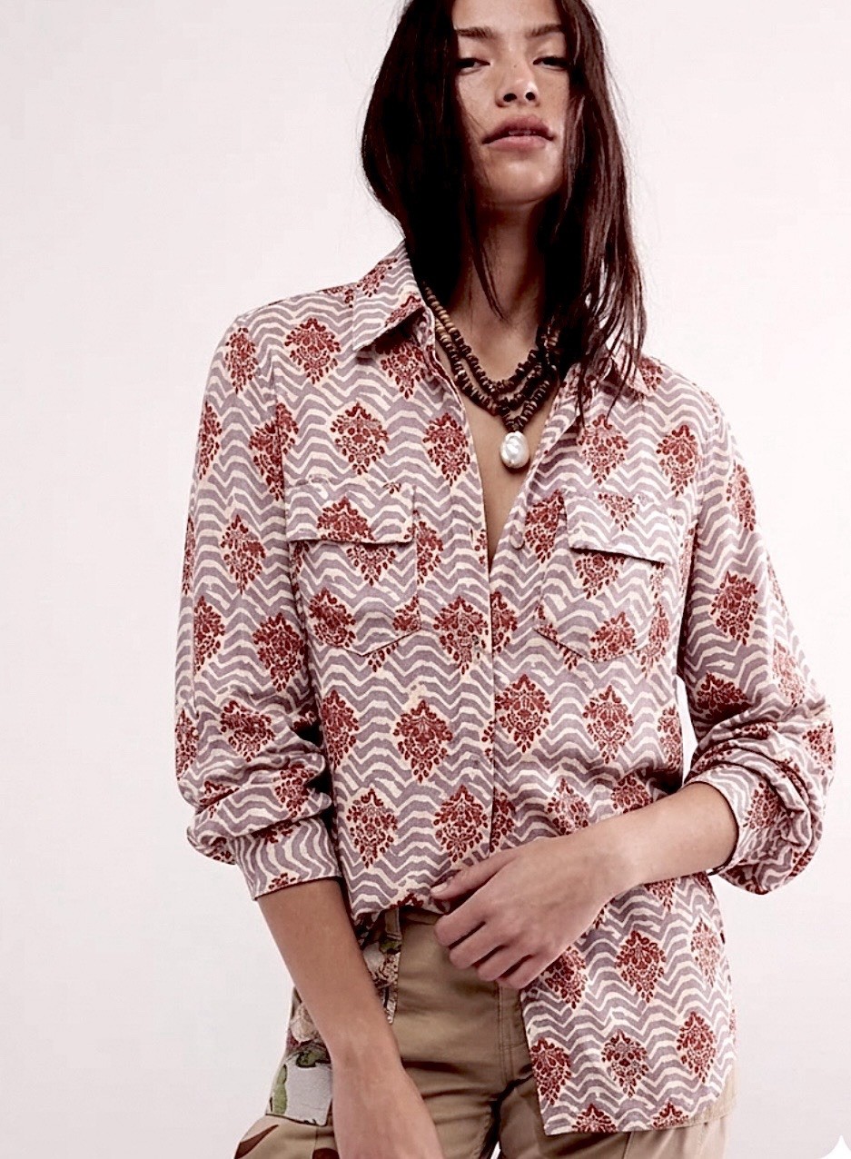 ANTHROPOLOGIE PORRIDGE BOHO SHIRT S MIXED MEDIA PREPPY COASTAL FESTIVAL UTILITY