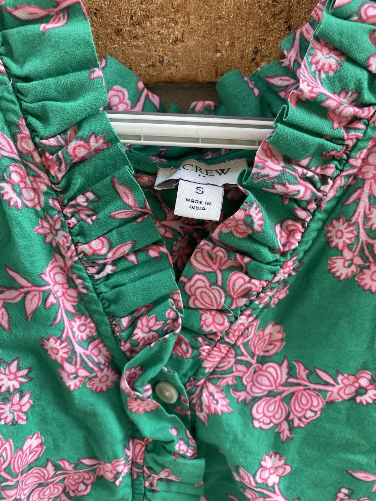 J.CREW Green Pink Floral Cotton Ruffle Sleeve V-Neck Blouse Button S