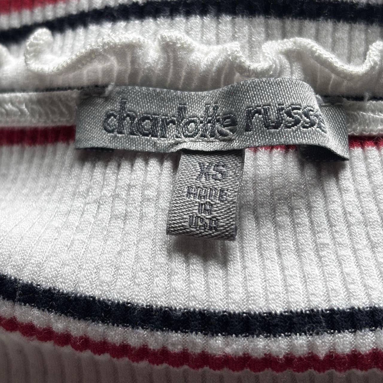 White Ribbed Off-Shoulder Top with Red & Navy Stripes and Lettuce Hem