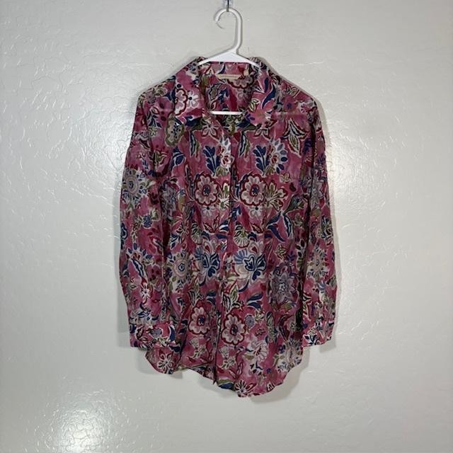 Soft Surroundings Tunic Womens Medium Pink Floral Button Front Long Sleeve Top