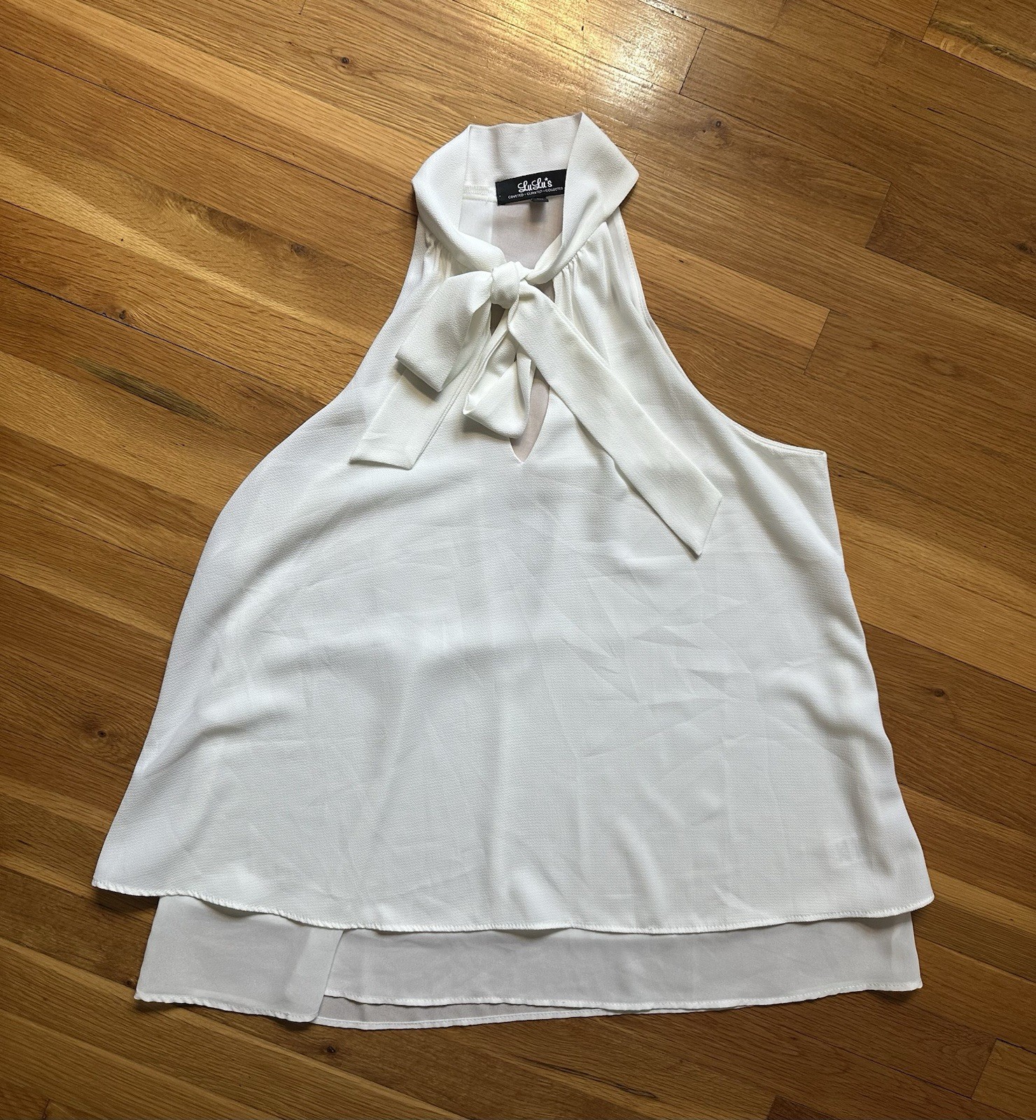 Lulus White Bow Tie High Neck Sleeveless Blouse Top USA Womens Large