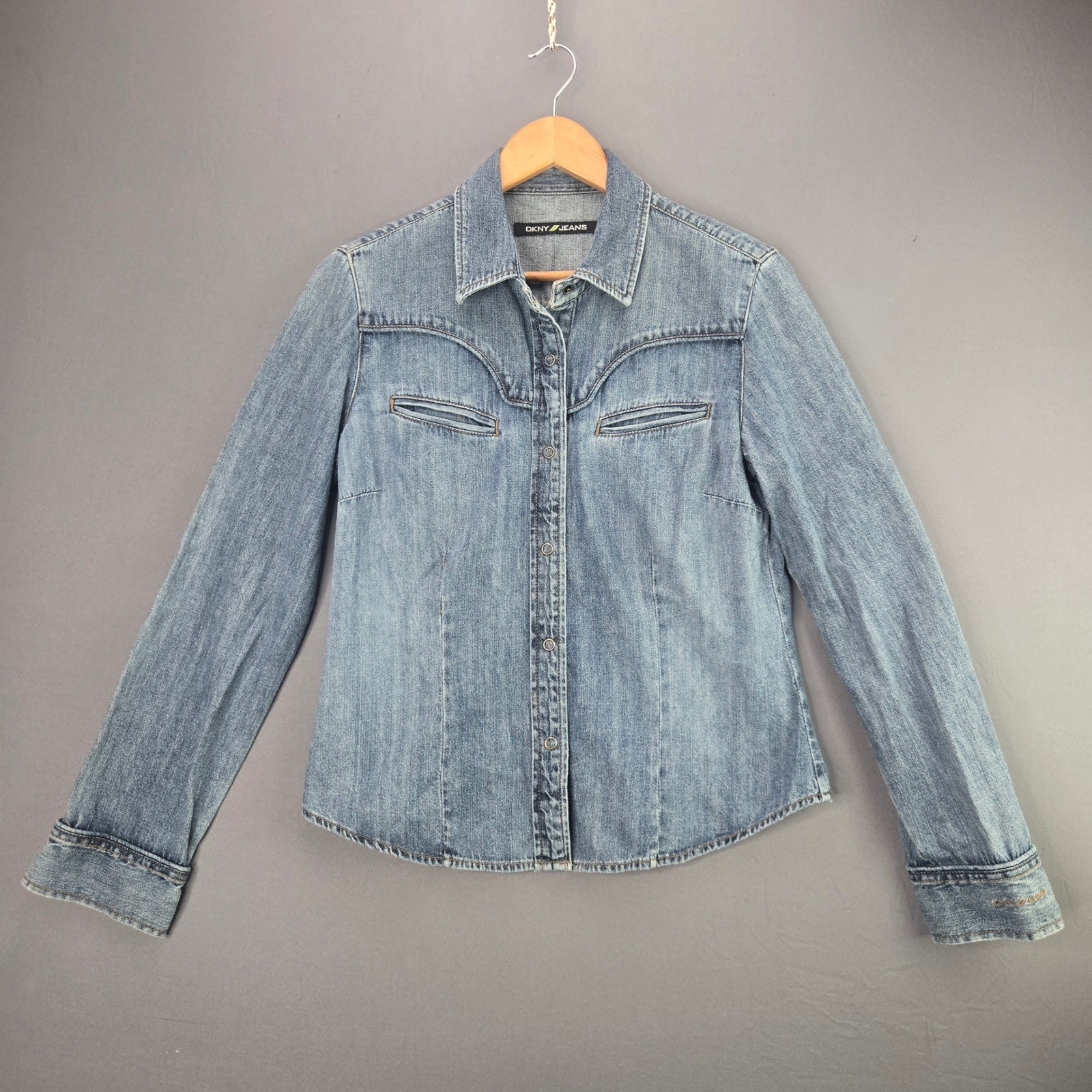 DKNY Jeans Denim Shirt Western Button Up Size 10 Blue Cotton Long Sleeve Vtg