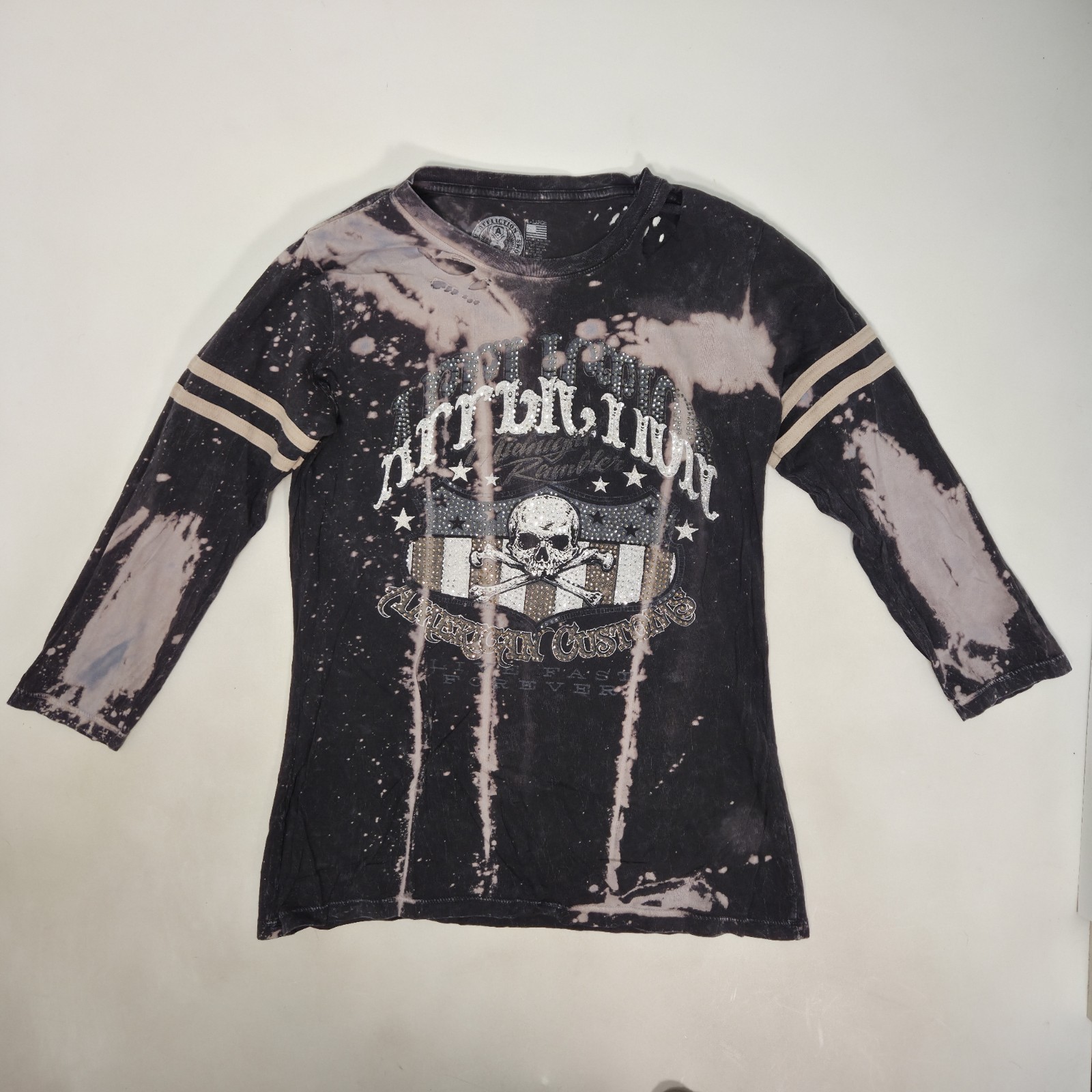 Affliction American Customs Bleach Wash Rhinestone 3/4 Sleeve XL Womens T Shirt