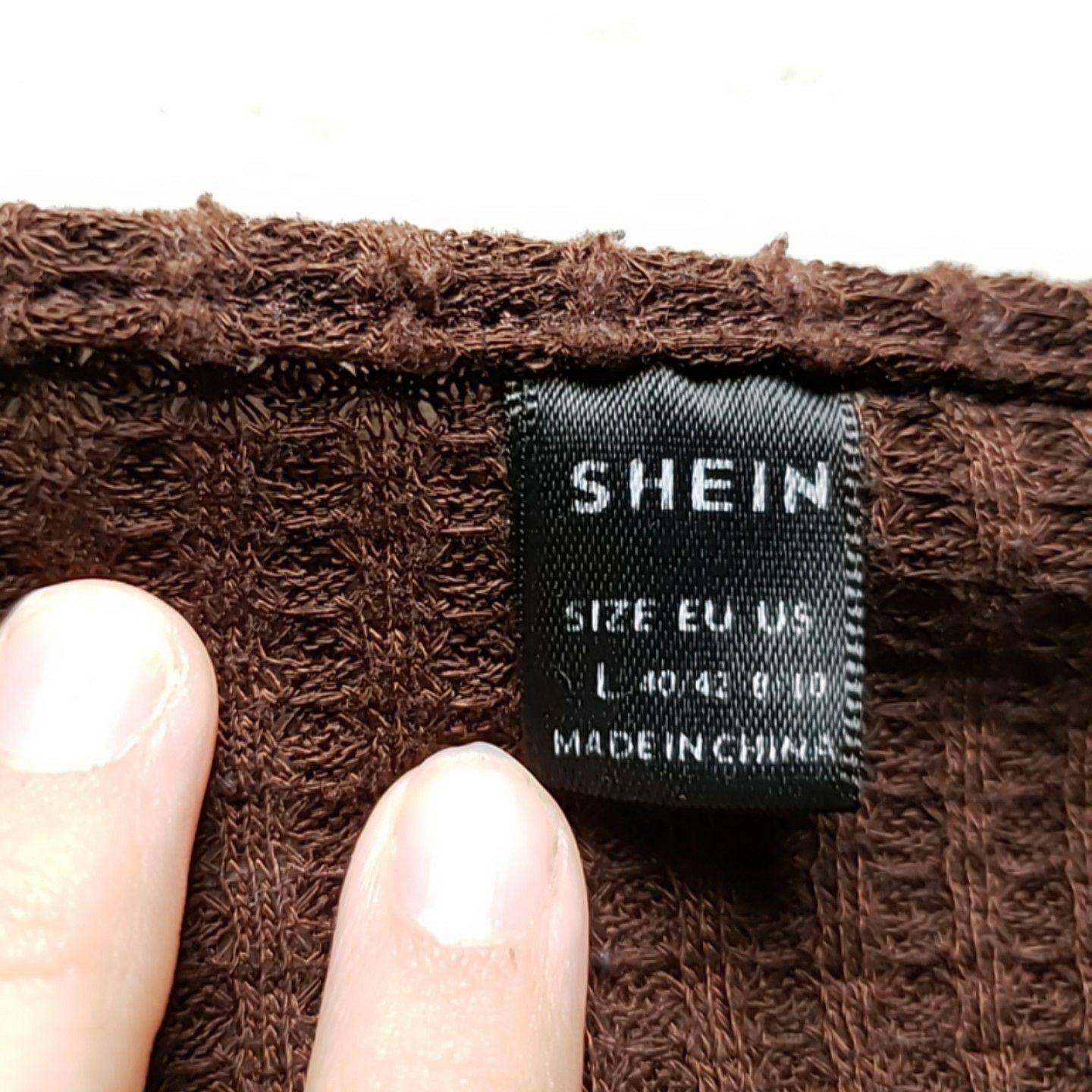 SheIn Shirt Womens Large Brown V Neck Long Sleeve Waffle Knit Cropped Top