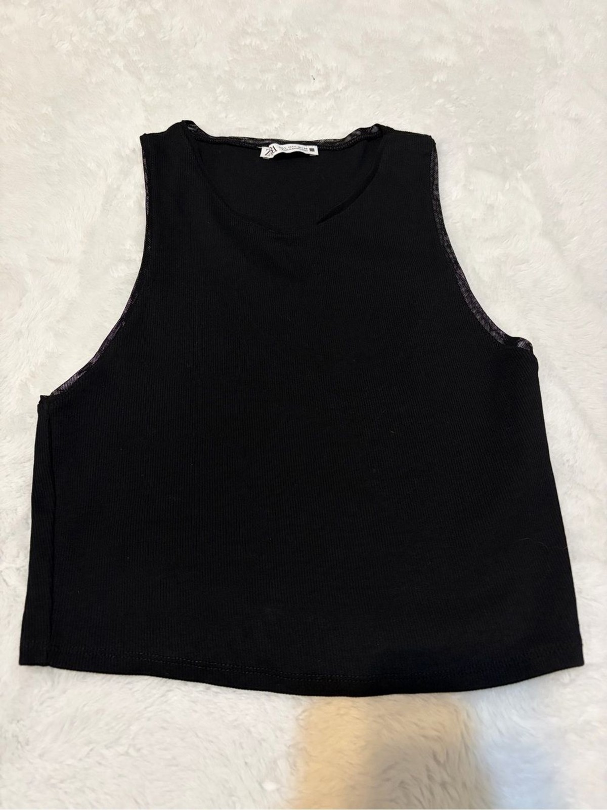 Zara Ribbed Crop Tank with Mesh Trim Black Size Large
