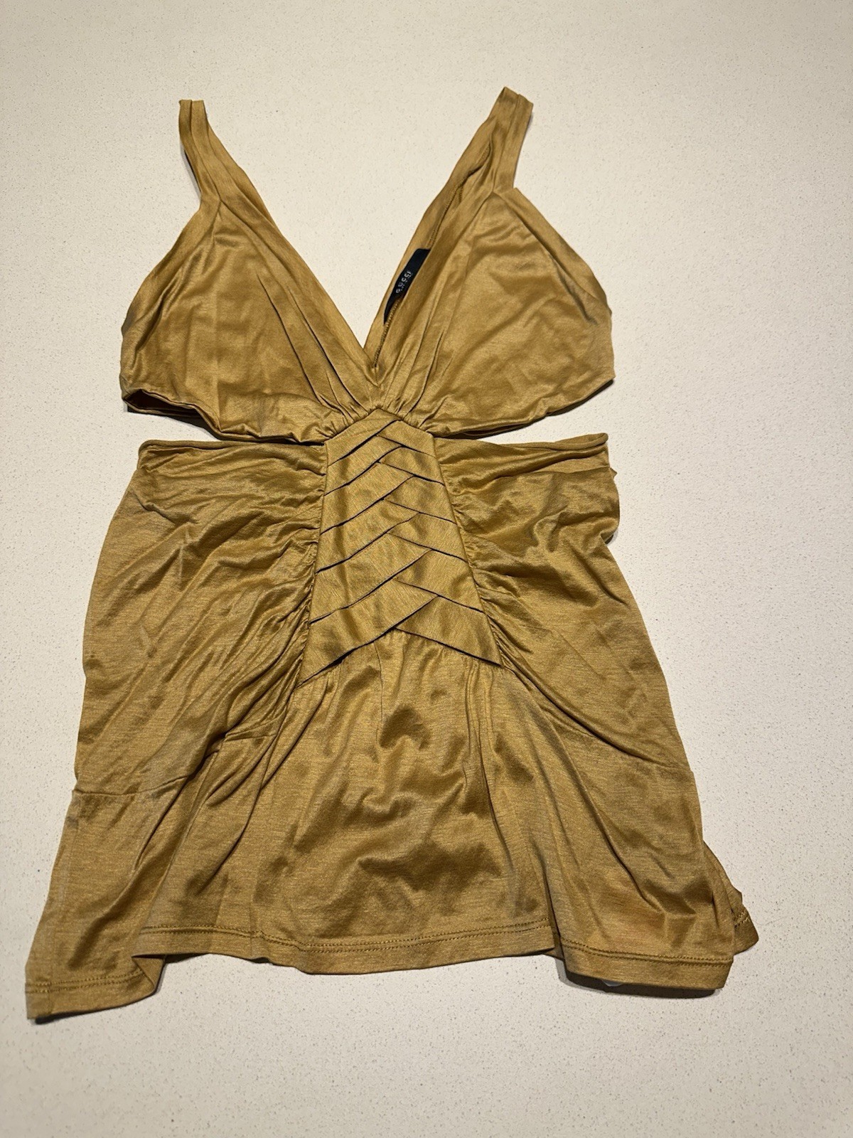Authentic GUCCI Gold Ochre Cutout V-Neck Tank Top Size S Made In Italy 100% Cot