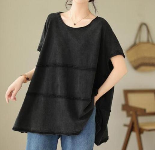 Womens Fashion Summer Retro Round Collar Short Sleeve Loose Shirt Casual T-shirt