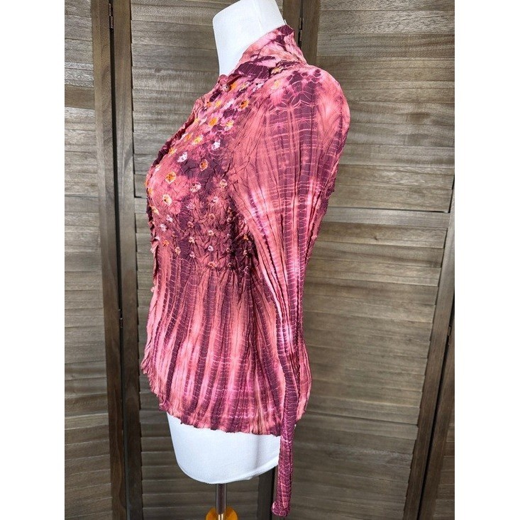 Fantazia Silk Polyester Tie Dye Pleated Button Up Long Sleeve Shirt Top Womens M