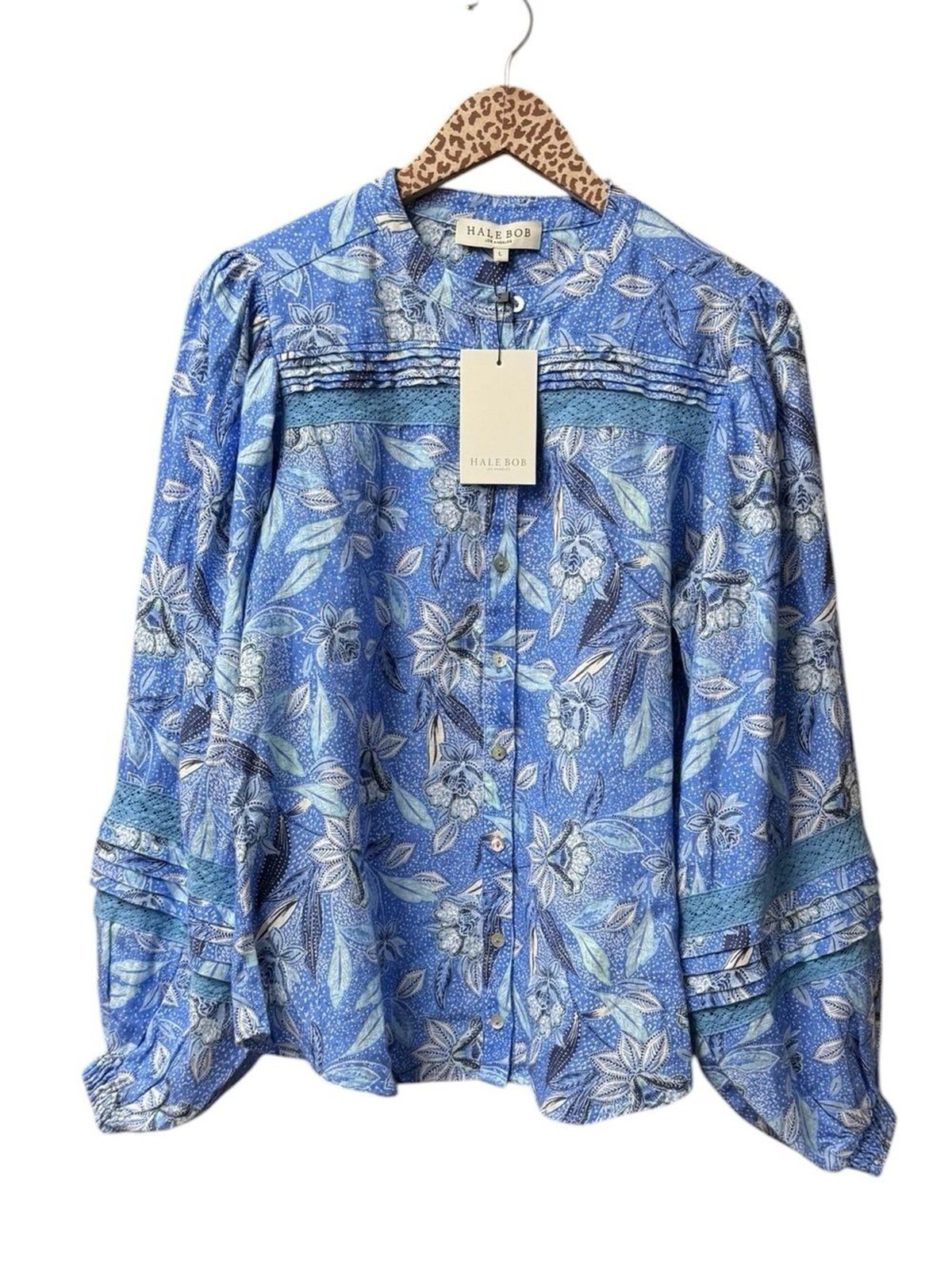 Hale Bob Long Sleeve Floral Lace Inset Linen Button Up Blouse Top Blue Large NEW