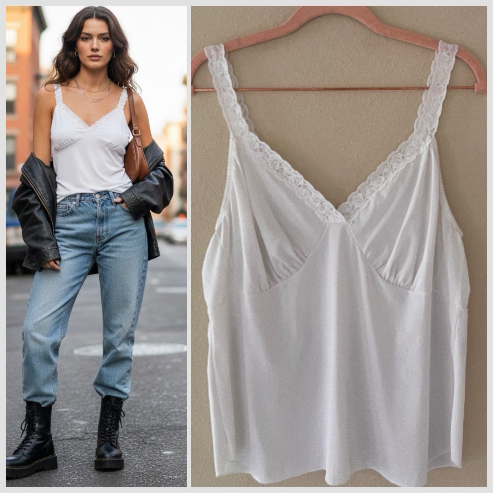 Shadow Line Vintage Babydoll Slip Top Large White Lace Trim Soft Girl Coquette