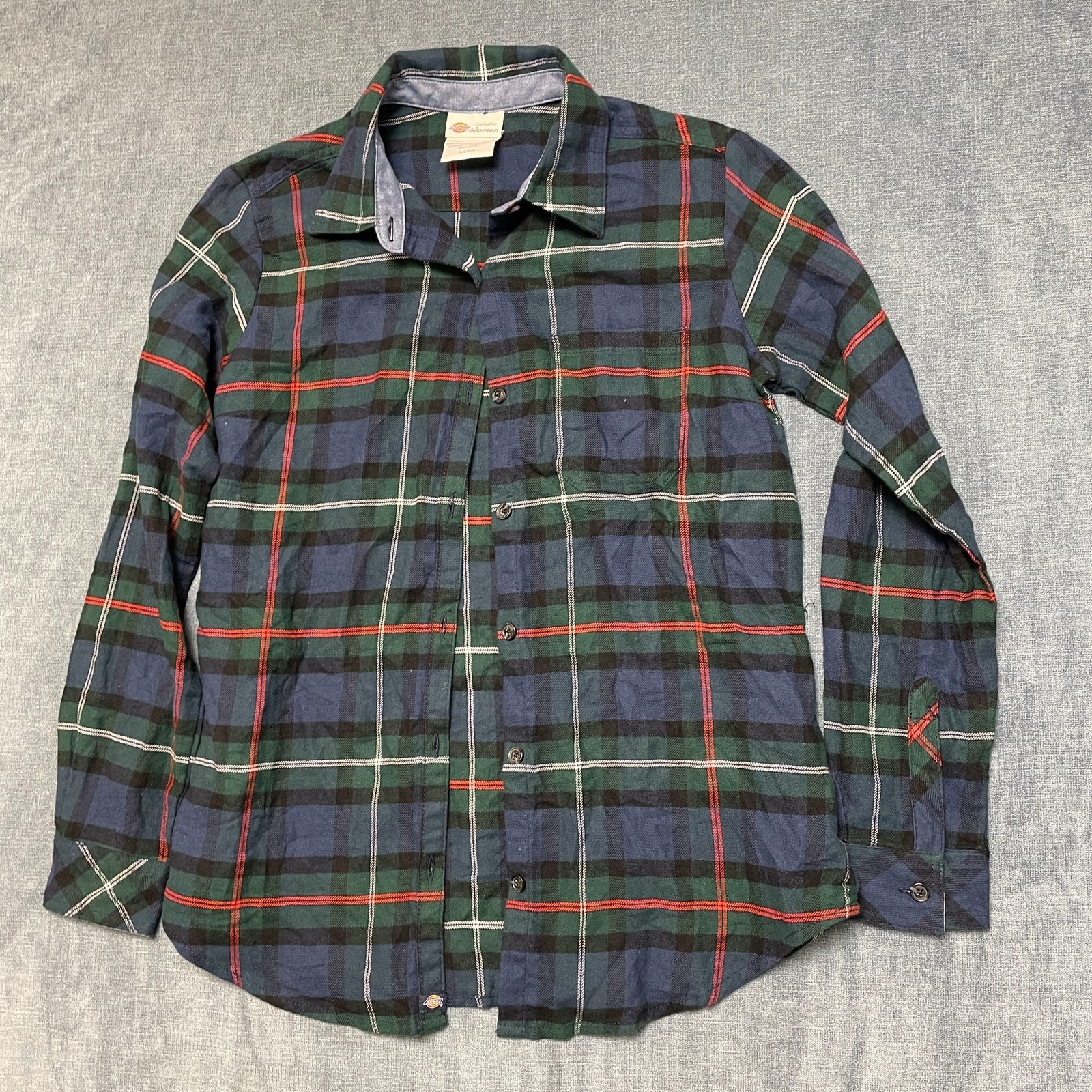 Dickies Flannel Shirt Womens Small Ink Navy Tartan Plaid Button Up Long Sleeve
