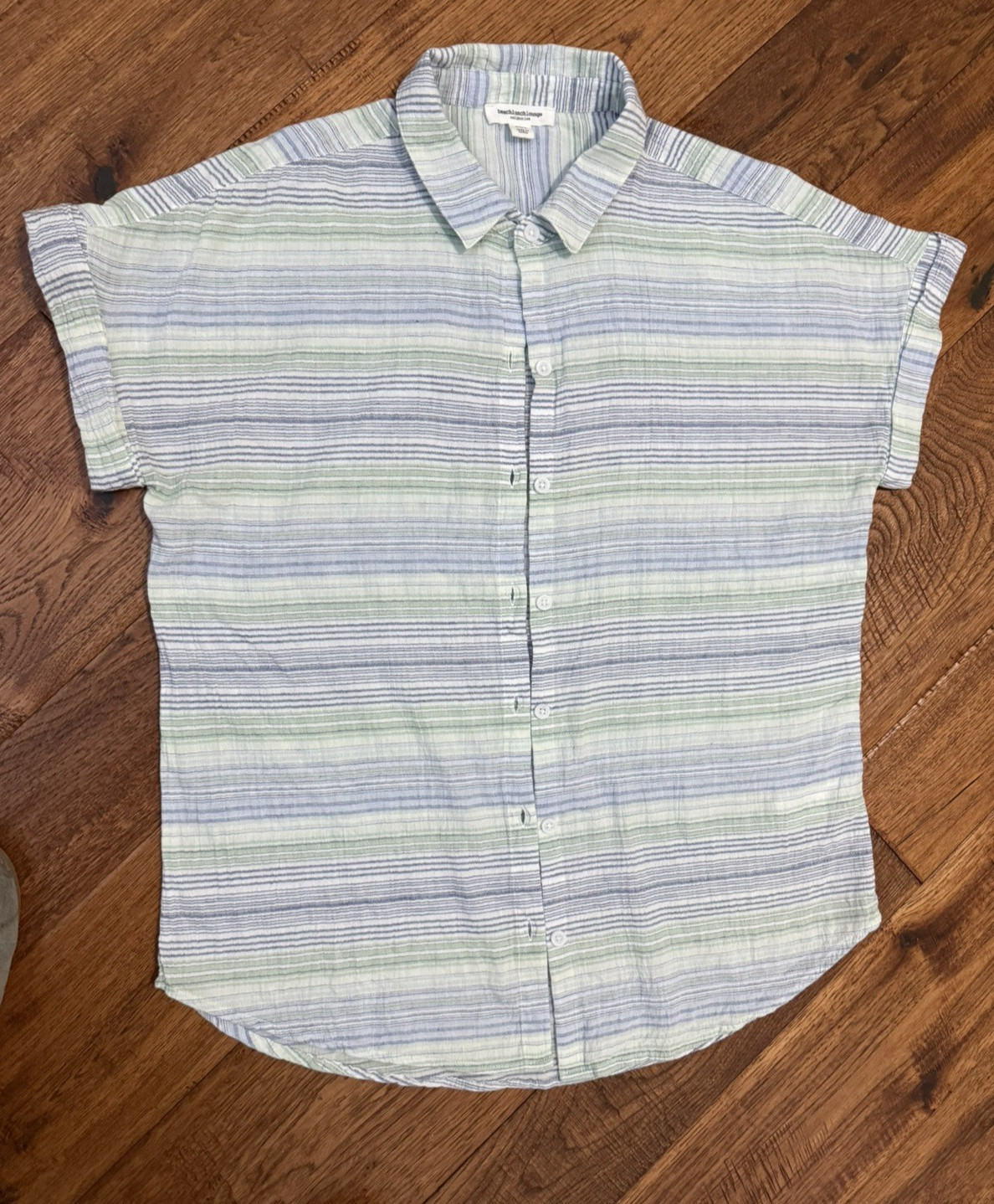 Cotton Beachlunchlounge Women’s Blue Green Striped Button Down Shirt, M