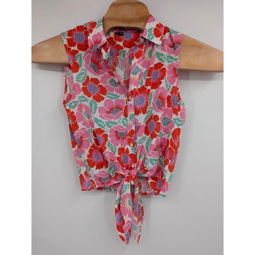 Theory Michiko Maui Floral Tie-Front Sleeveless Button Down Silk Blouse Pink S