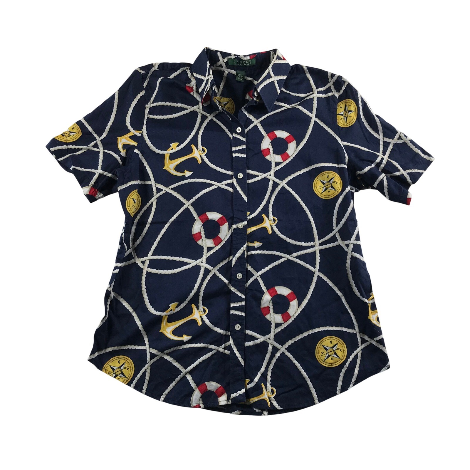 Lauren Ralph Lauren Women Large Navy Nautical Anchor Compass Cotton Button Shirt