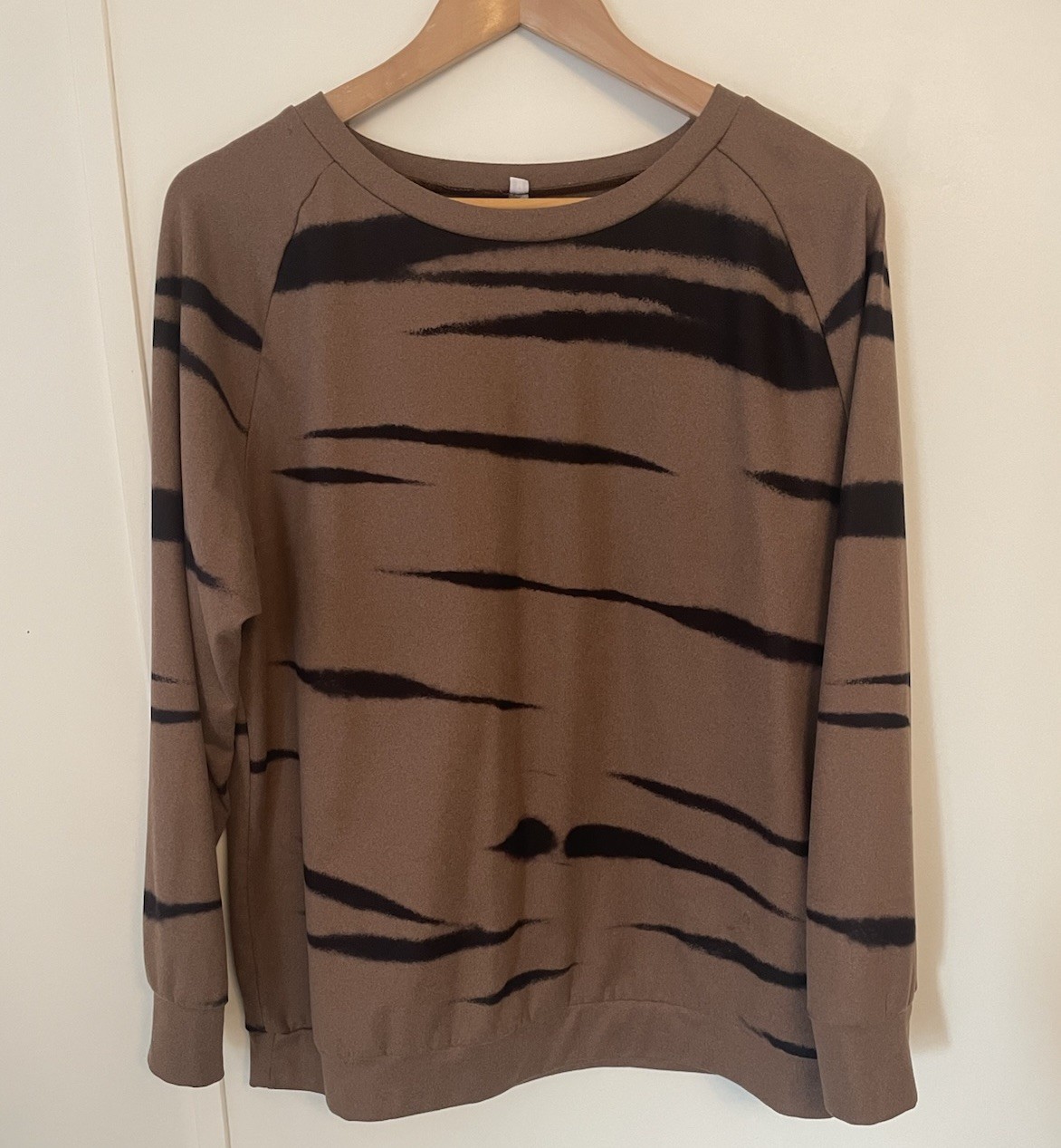 Women’s Brown & Black Crewneck Top with Animal Stripes Size M Stretchy Pullover