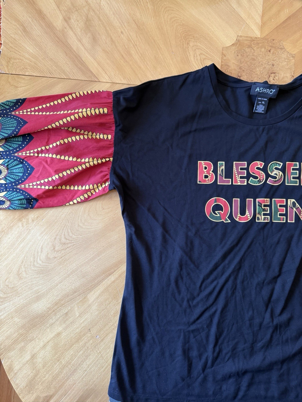 Ashro Blessed Queen Statement Blouse XL Black Long Balloon Sleeve African Print