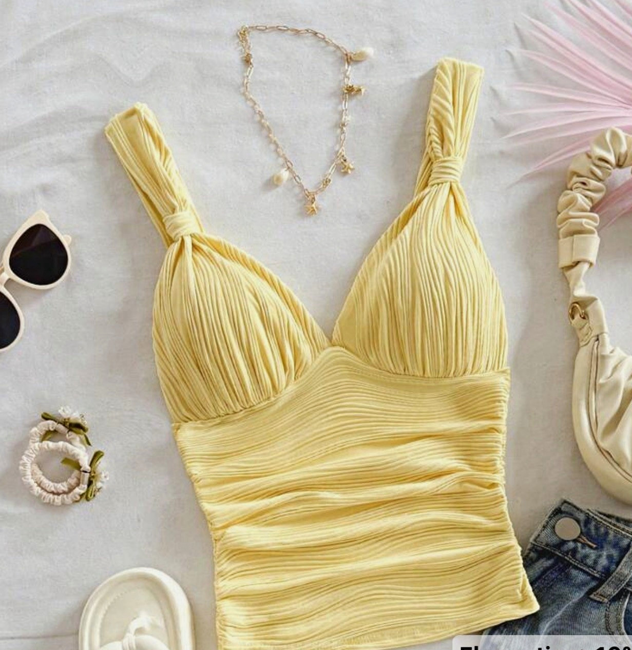 Women’s Yellow Ruched Ribbed Knit V-Neck Wide Strap Tank Cami Top L