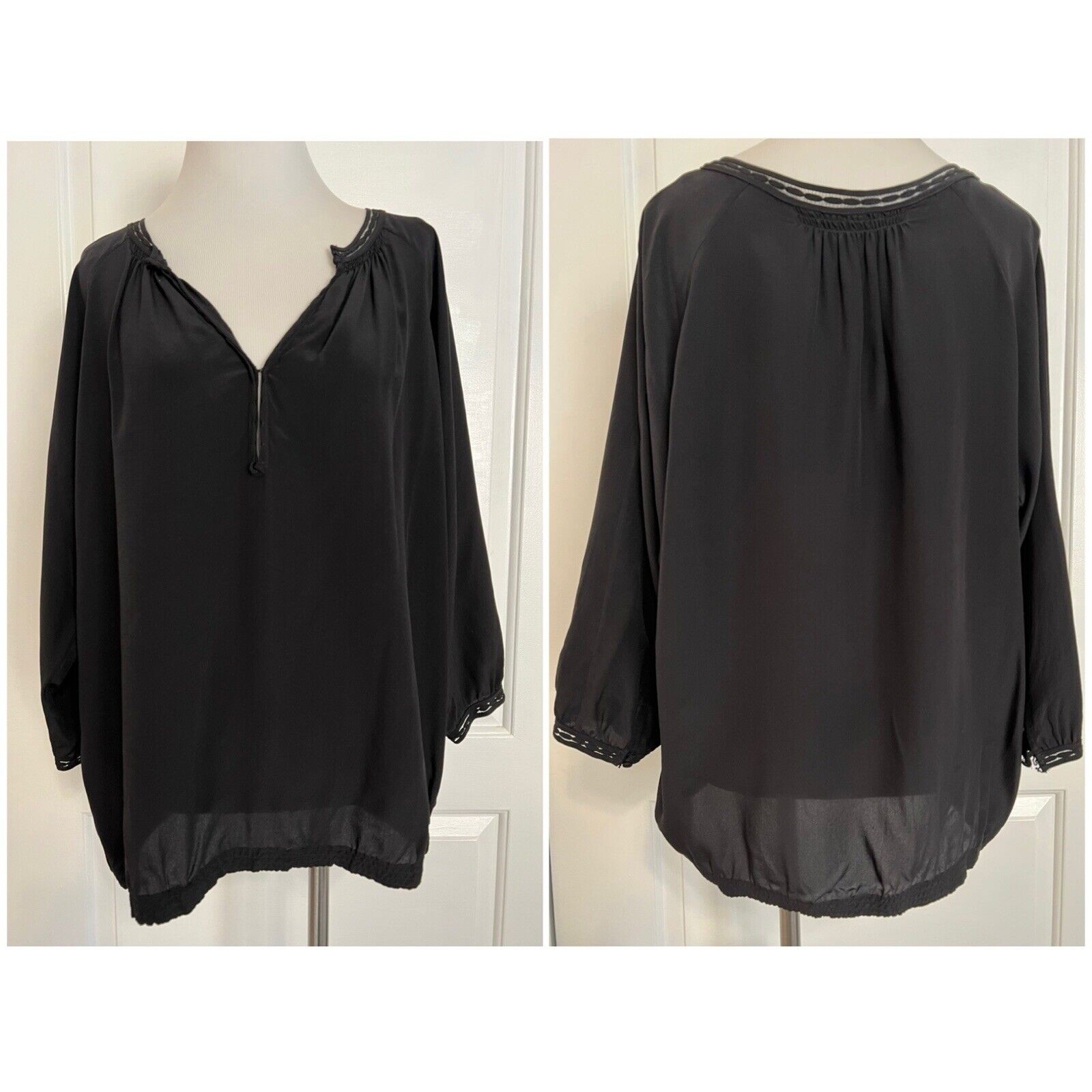 $295 VINCE Designer 100% Silk 3/4 Sleeve Dolman V Neck Blouse Top Black Chic L