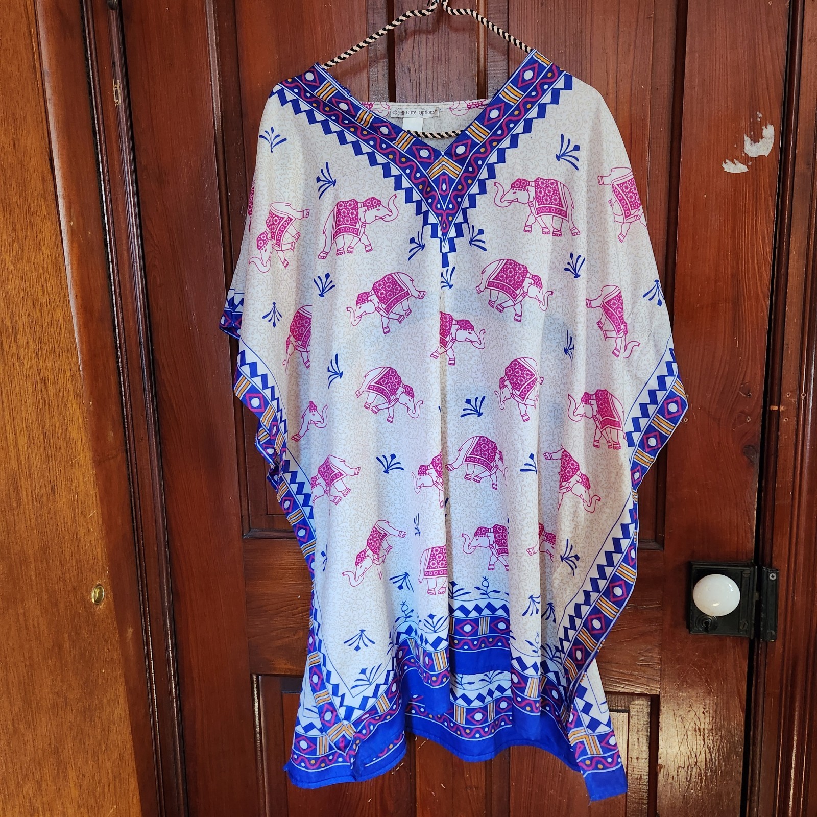 Cute Options India Elephant Kaftan Tunic Rayon Blue Pink Boho Free Size OS Top