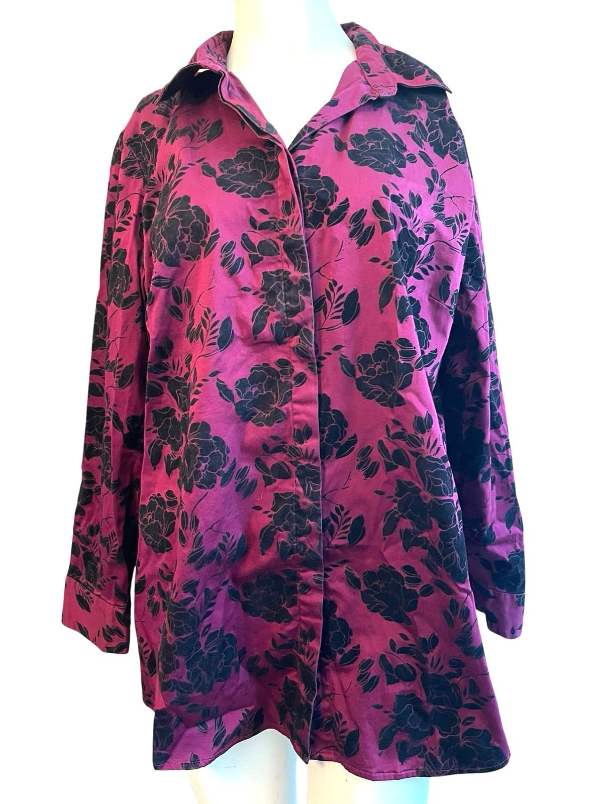 Chicos Womens Size 3 XL 16 Wine Red Flocked Floral Rose Button Down Tunic Blouse