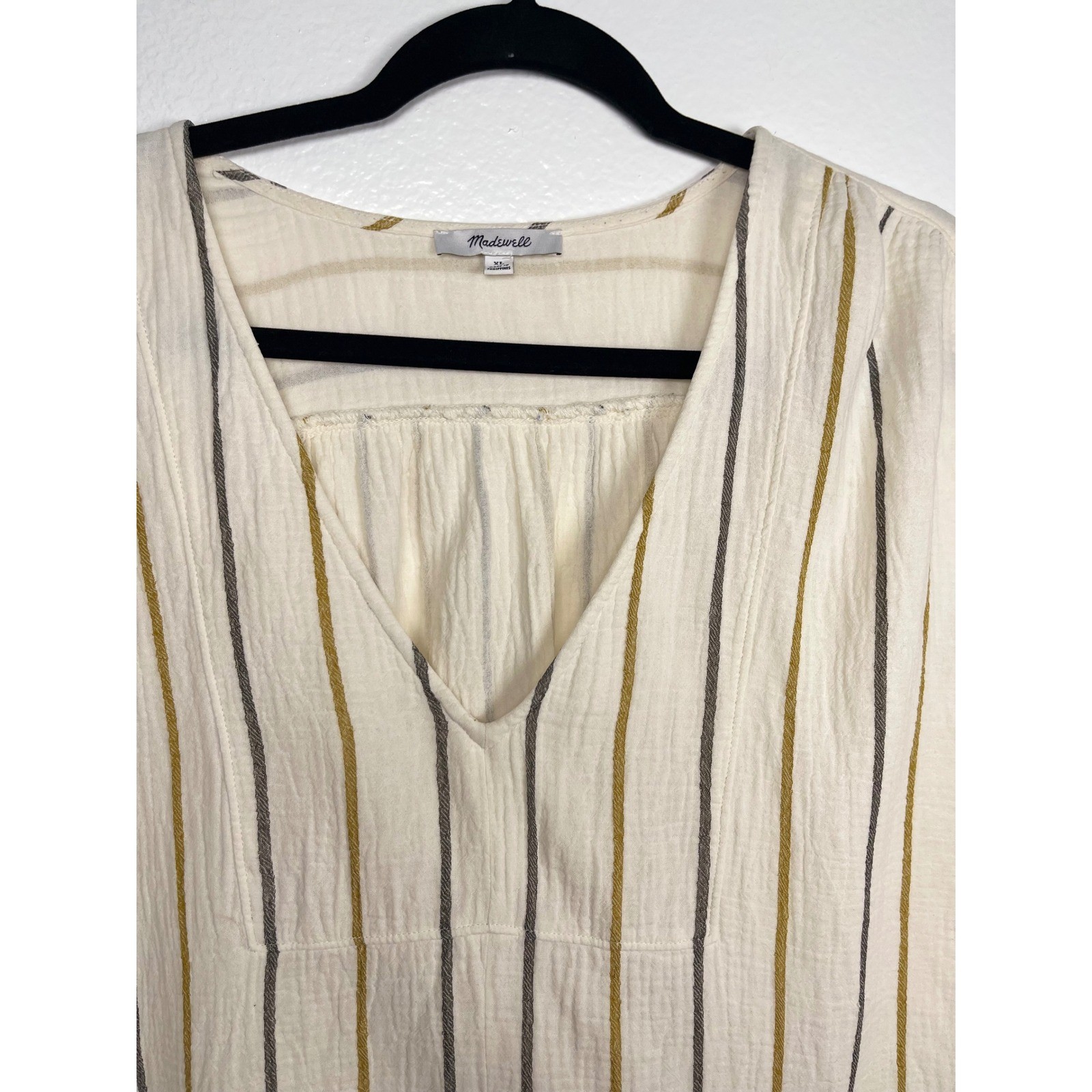 Madewell Women XL Striped Double Gauze VNeck Top Cream Mustard Grey Short Sleeve