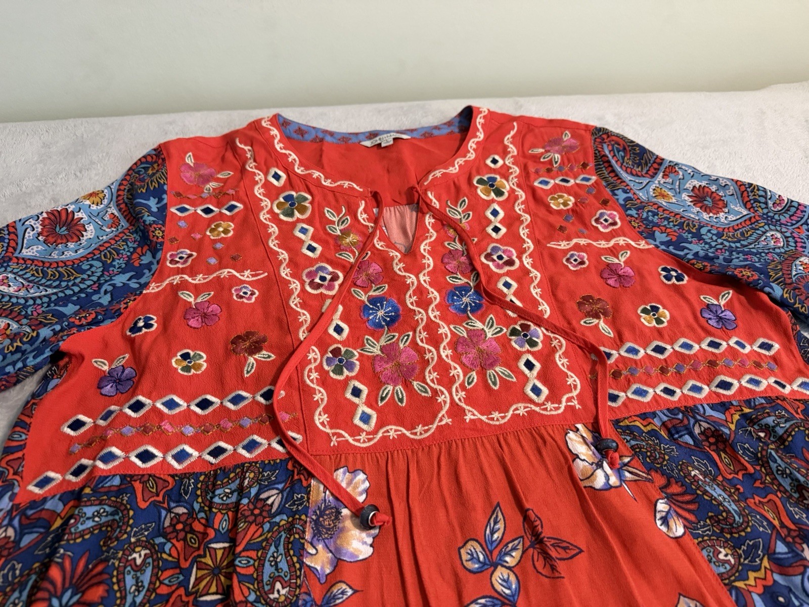 John Mark Embroidered Tie-Front Multi-Print Tunic Spice Red Blue Boho Size Large