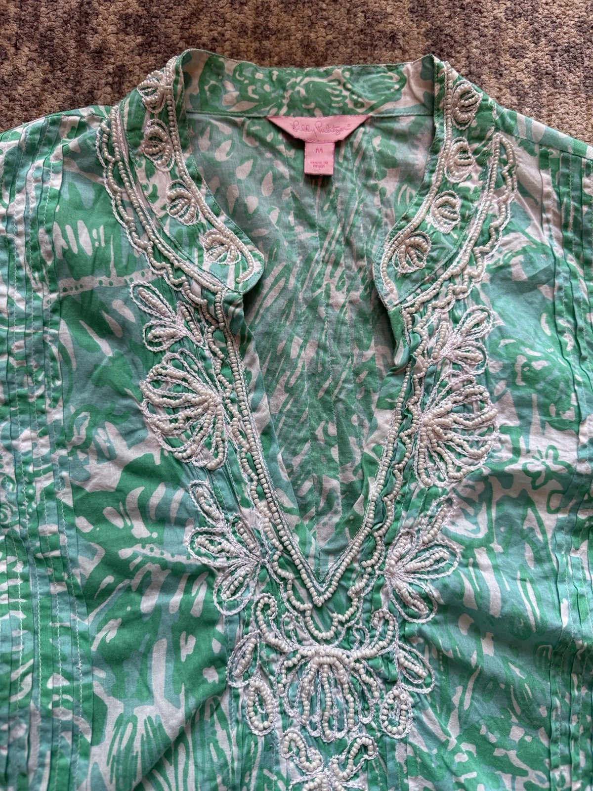 Lilly Pulitzer Green White Floral Beaded Embroidered V-Neck Tunic Blouse M