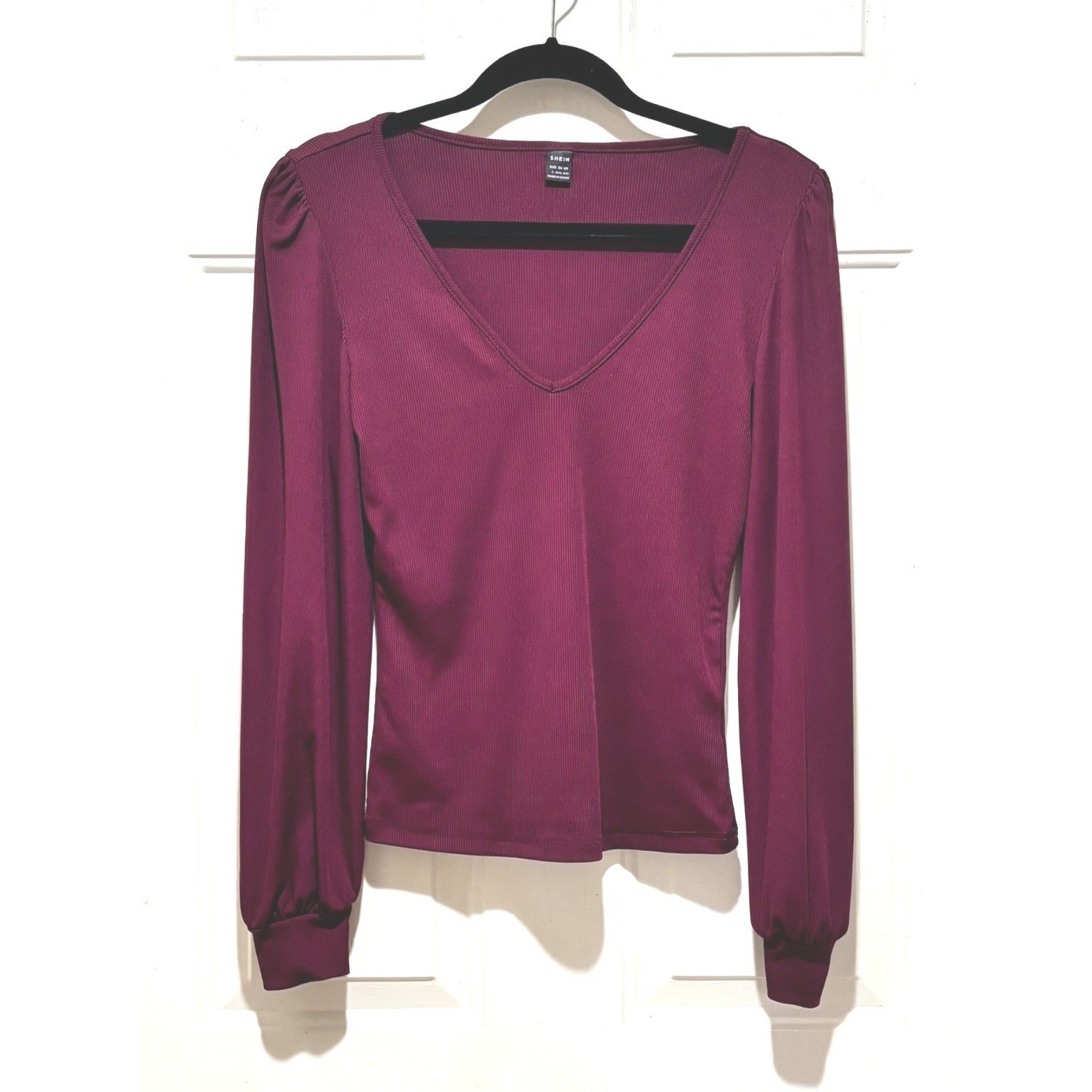 SHEIN Plum Burgundy Ribbed V-Neck Bishop Sleeve Top Large