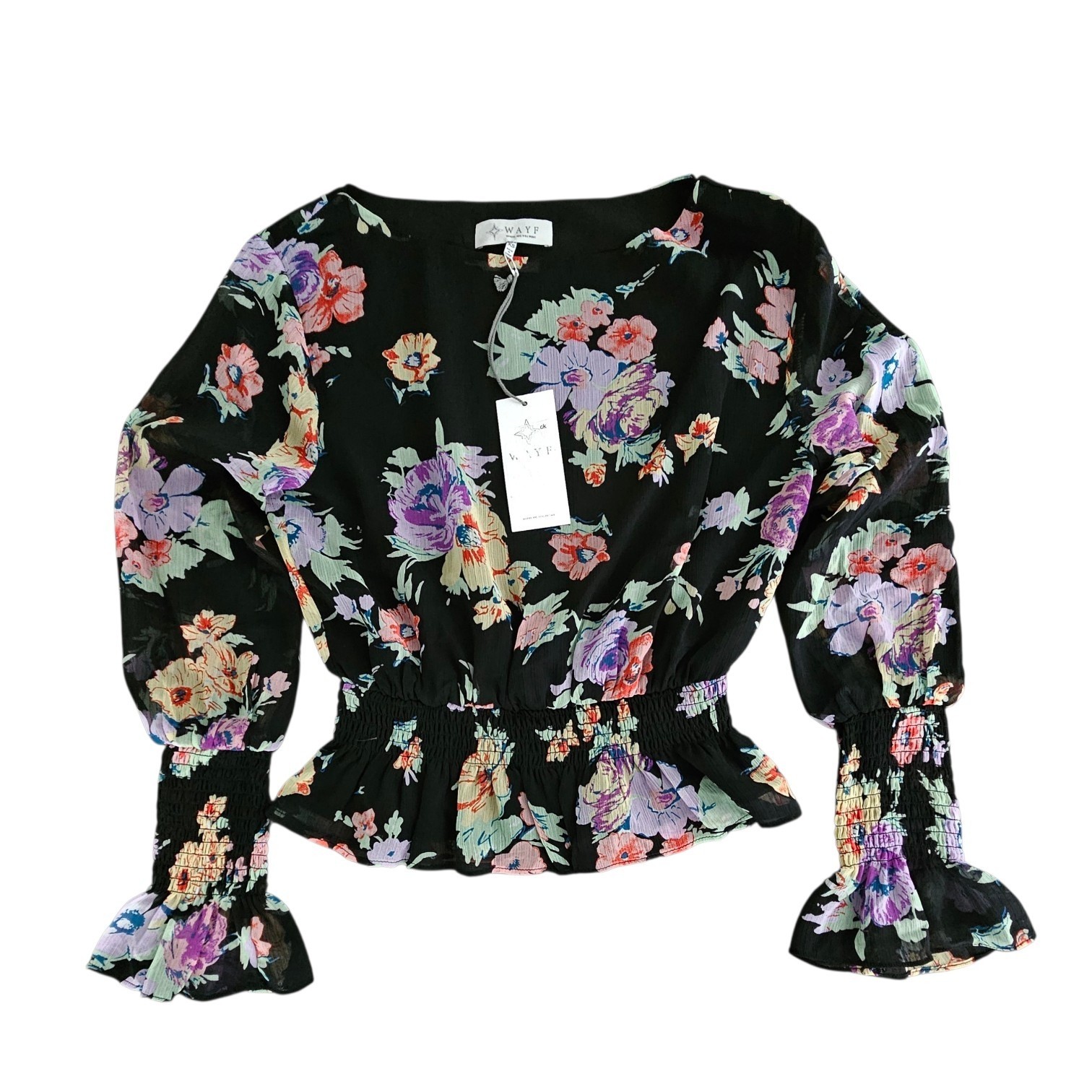 WAYF Black Floral Lined Smocked Cuff Peplum Blouse Shirt XS Sheer Sleeve