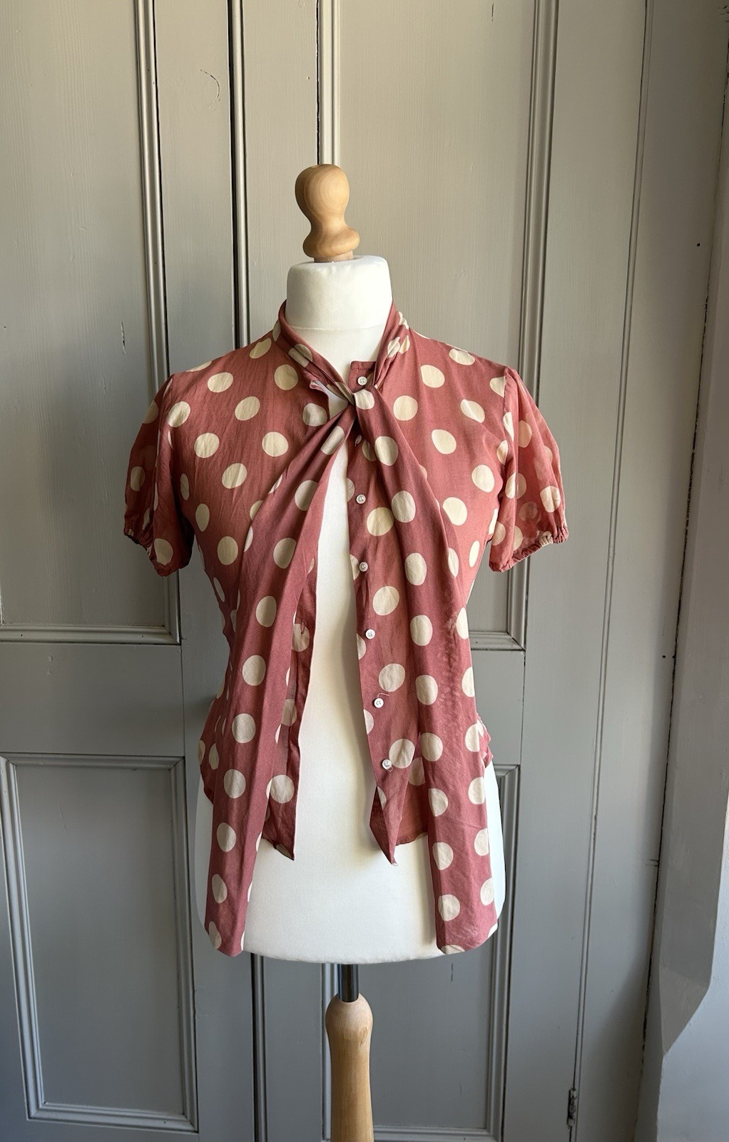 Paul Smith Rust Polka Dot Tie-Neck Cotton Blouse – Size IT 40 (UK 8)