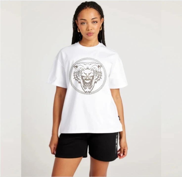 New Women Luxury Diamond Tiger Rhinestones Black White T-Shirt High Quality