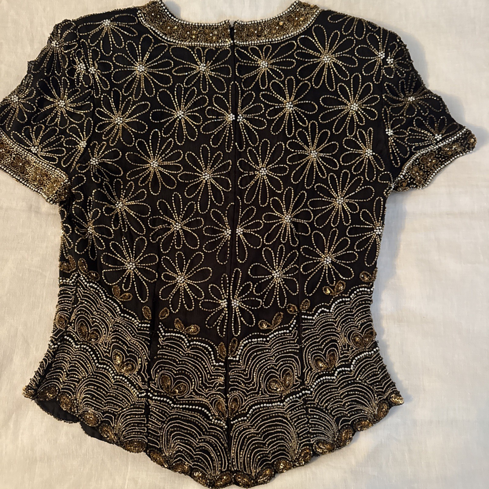 Laurence Kazar Vintage Beaded Silk Top Small Black Gold Sequin Evening Party
