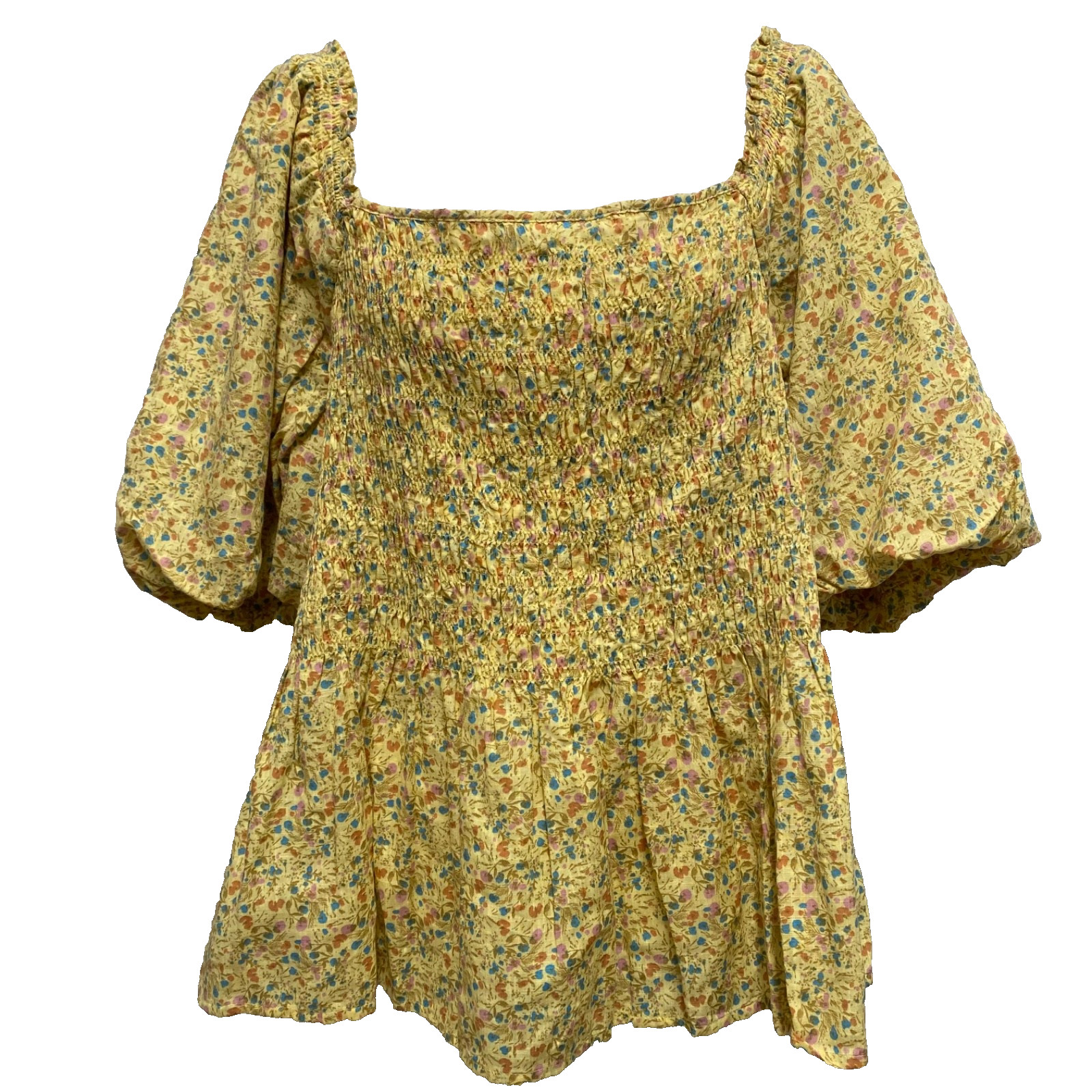 NWT a.n.a. Floral Top Sz OX Yellow Smocked Bodice Puff Sleeve Peasant Milkmaid