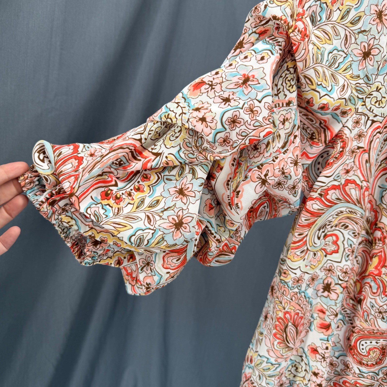 CeCe Womens Paisley Floral Off Shoulder Ruffle Sleeve Tie Hem Blouse Large Coral