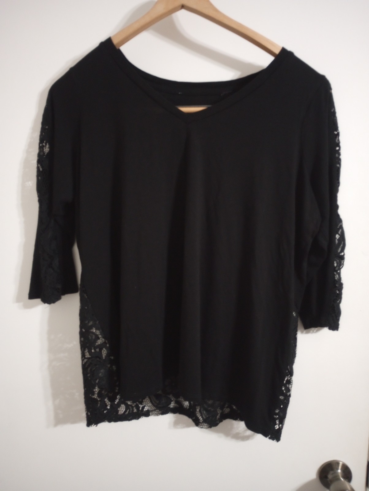Layered Shirt Blouse Women’s 3/4 Long Sleeve,with Lace Accents BLACK, Large