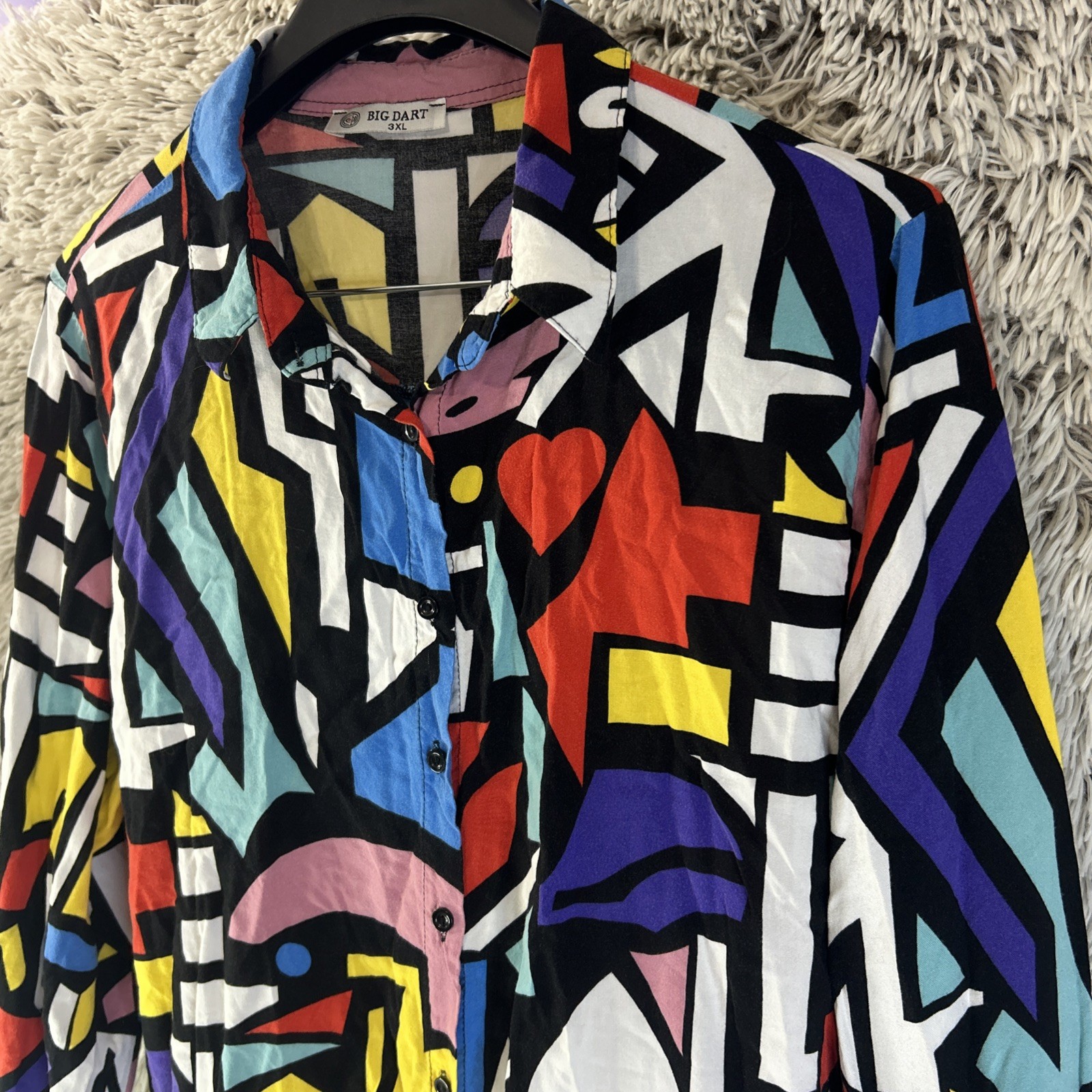 Big Dart Shirt Size 3XL Colorful Art Blouse 80s 90s Y2K Retro Button Up Abstract