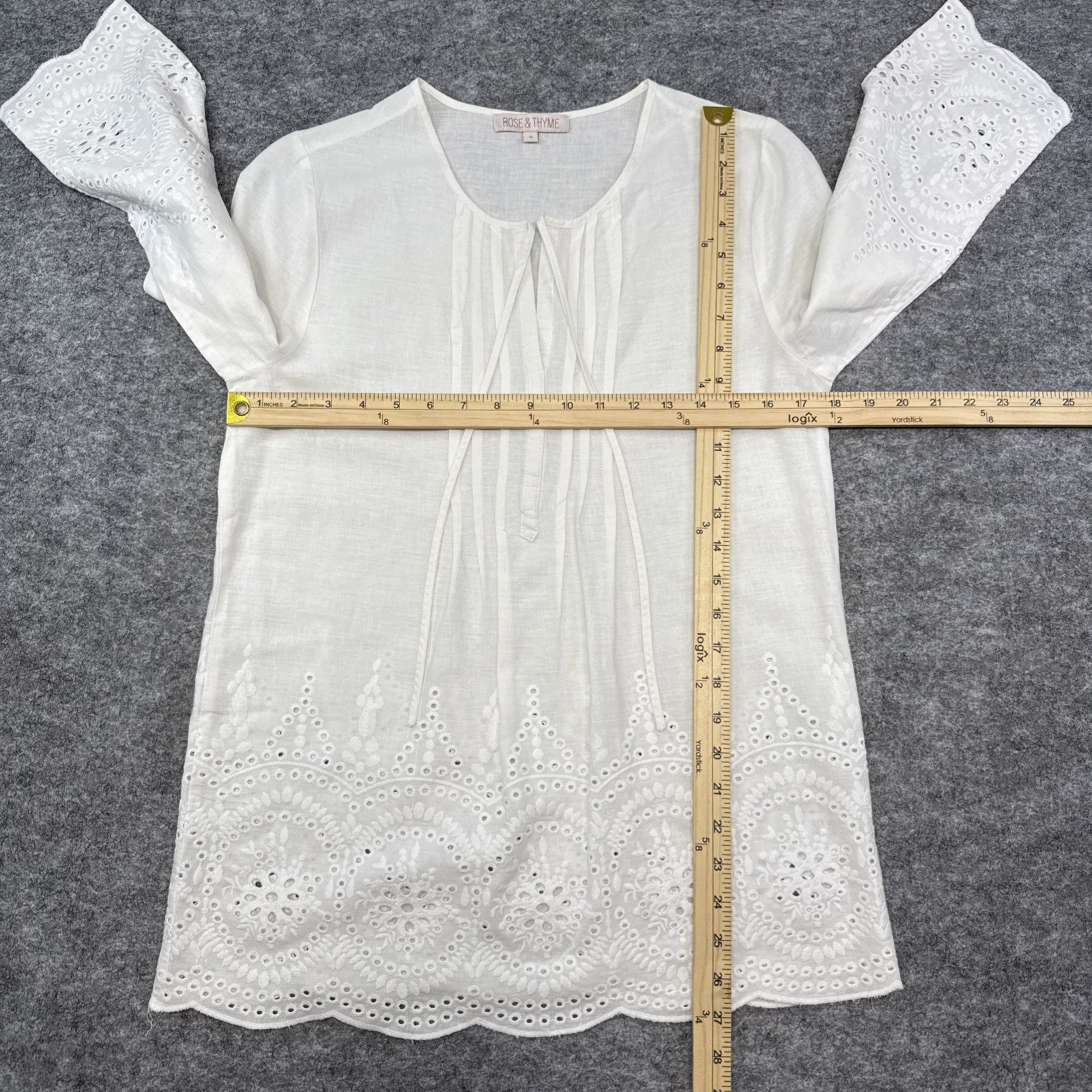 Rose and Thyme linen blend eyelet top women’s small white pleated embroidered