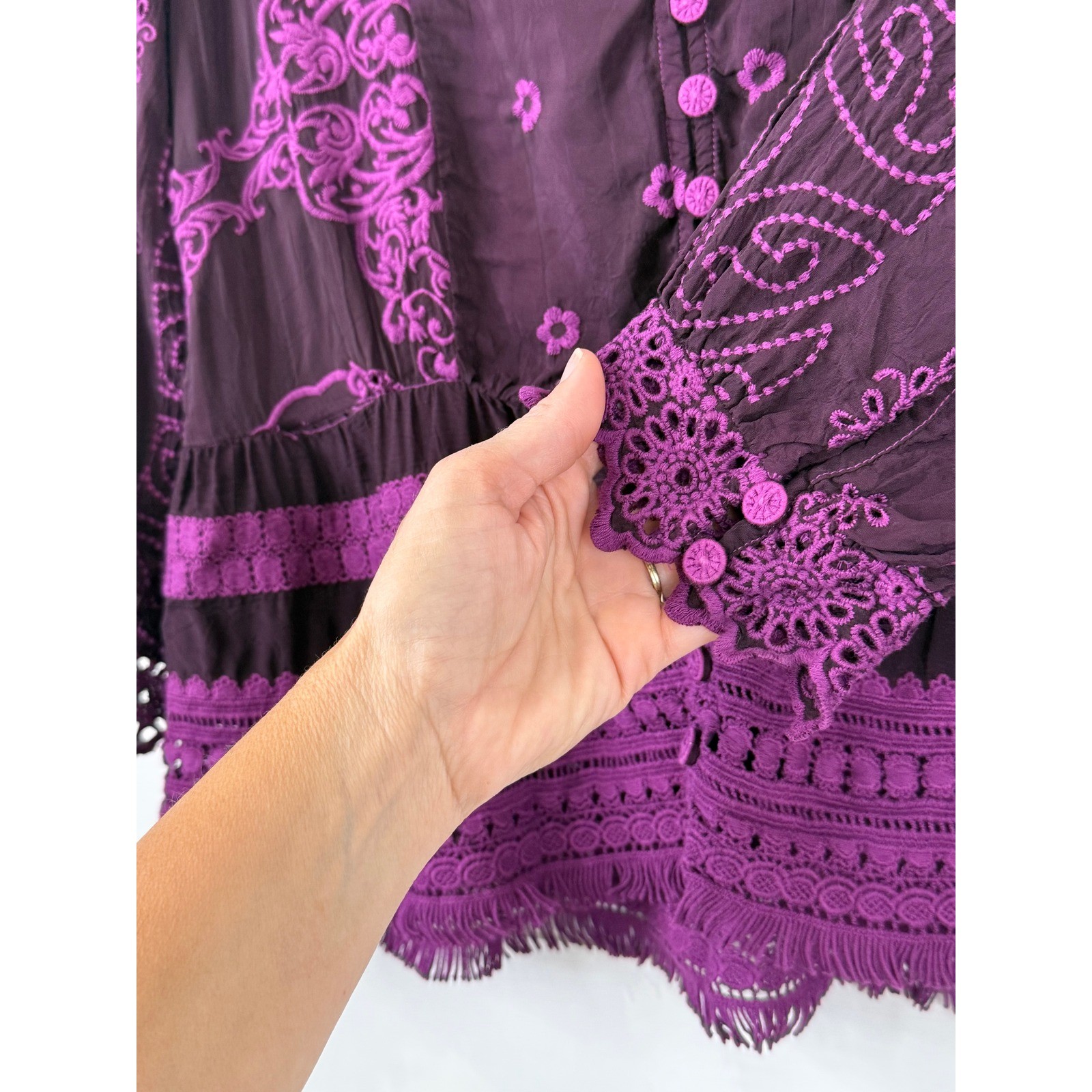 Johnny Was Polyvore Juniper Embroidered Fringe Crochet Boho Blouse Purple S