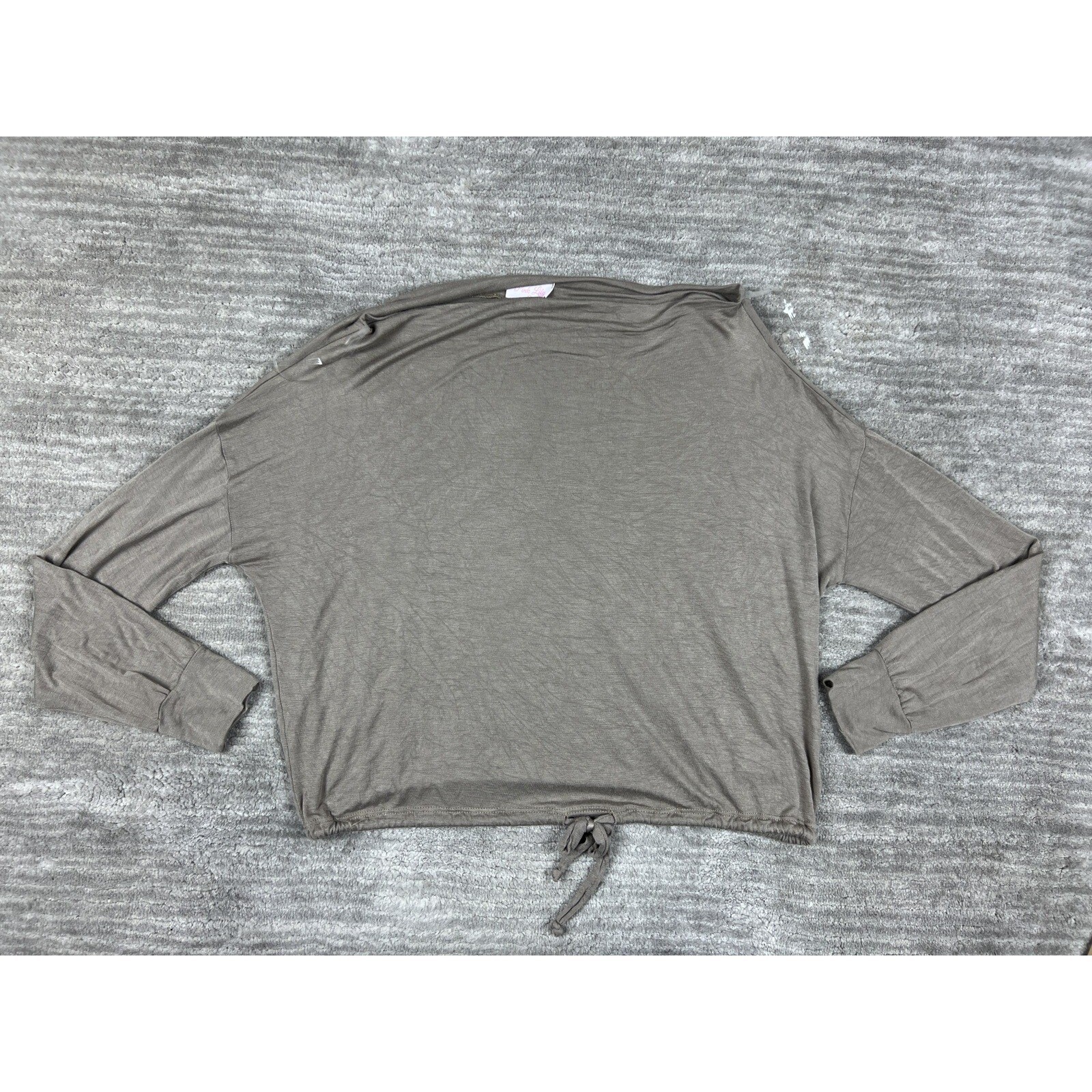 Pink Lily Top Womens Medium Taupe Brown Long Sleeve Boat Neck Drawstring LT5040