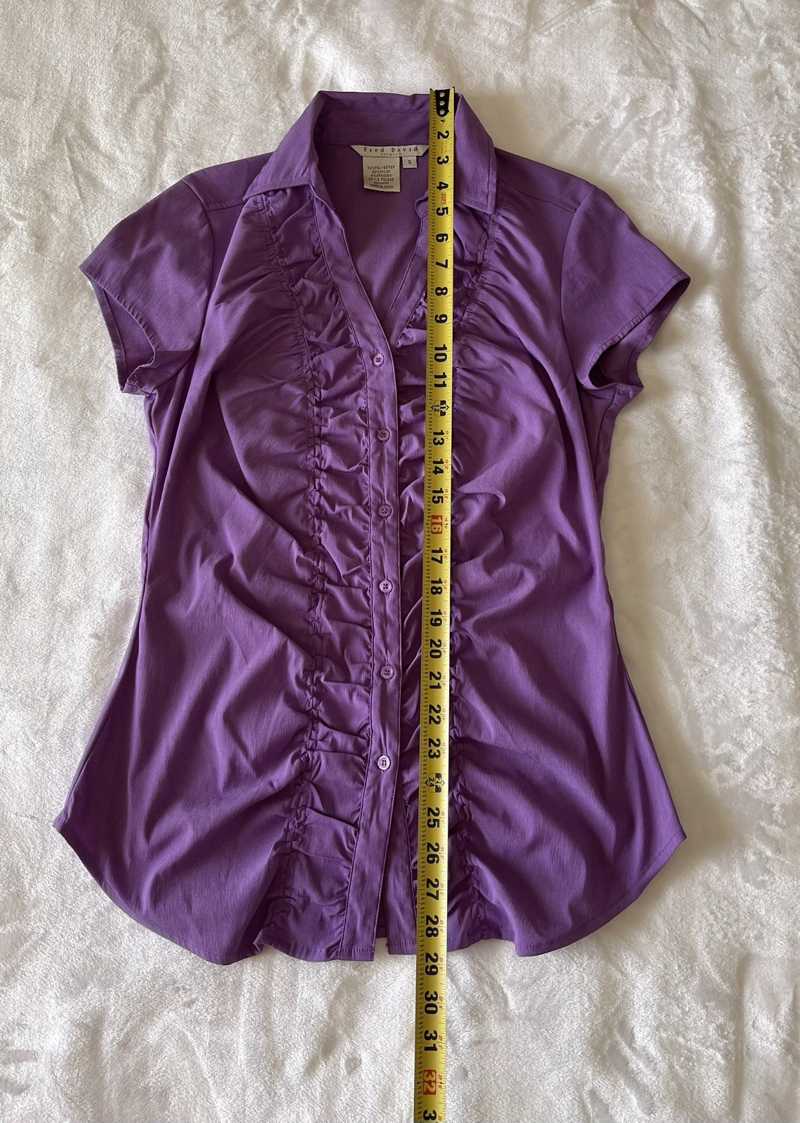 Fred David Women’s S Purple Collared Button-Up Ruffle Front Cap Sleeve Blouse