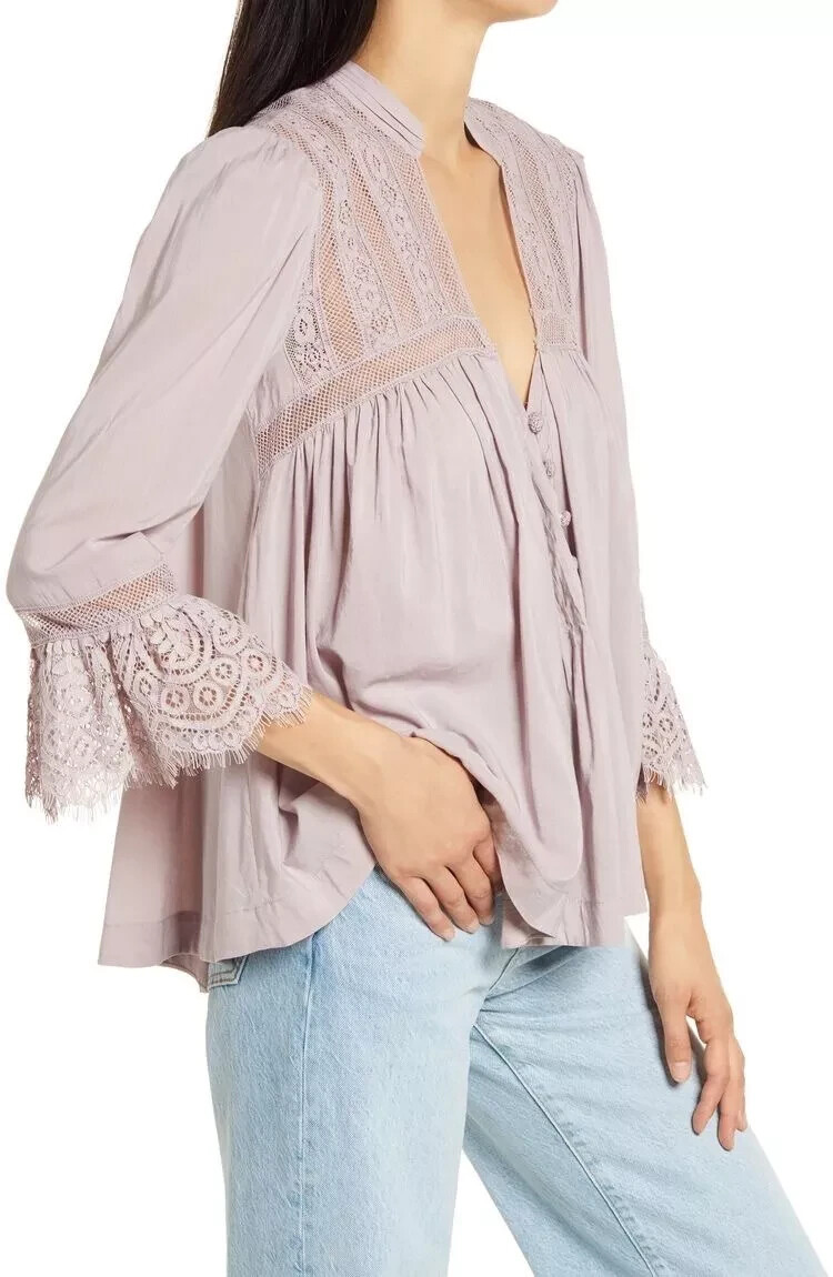 Free People Esme Button Up Top Boho Crochet Romantic Lavender Mauve NWT $128 XS
