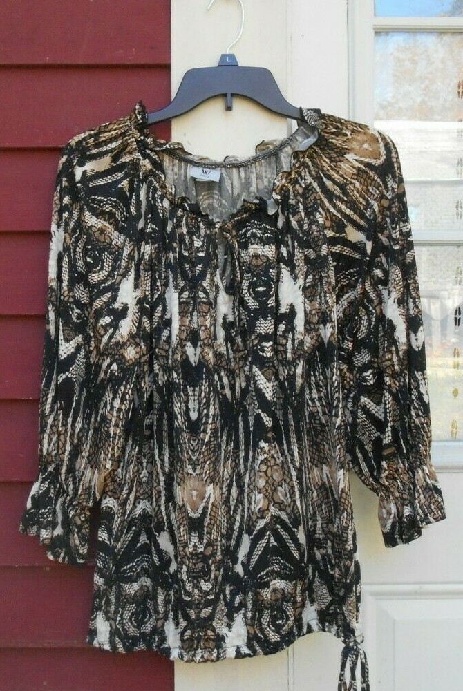Worthington Stretch Animal Print 3/4 Sleeve Keyhole Neck Tie Bottom Blouse Large