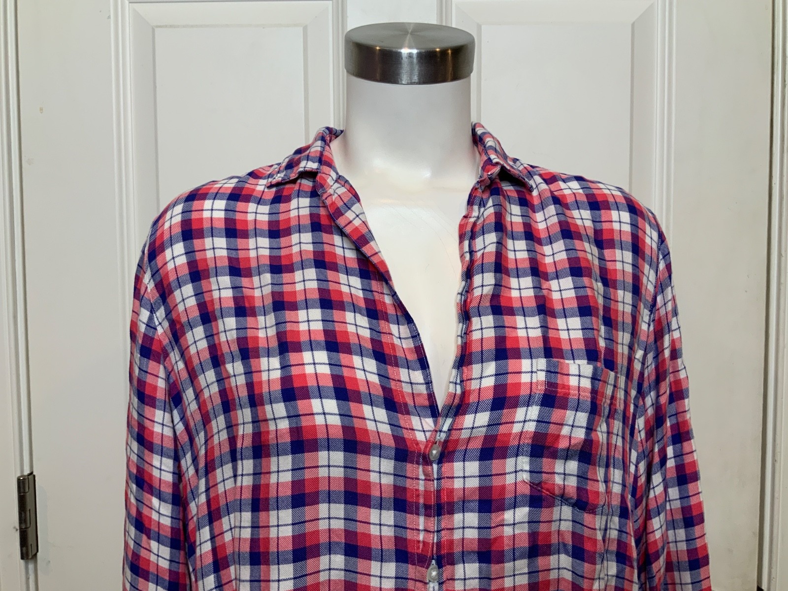 Frank & Eileen Pink Blue White Flannel Plaid Eileen Button-Up Shirt, Size S