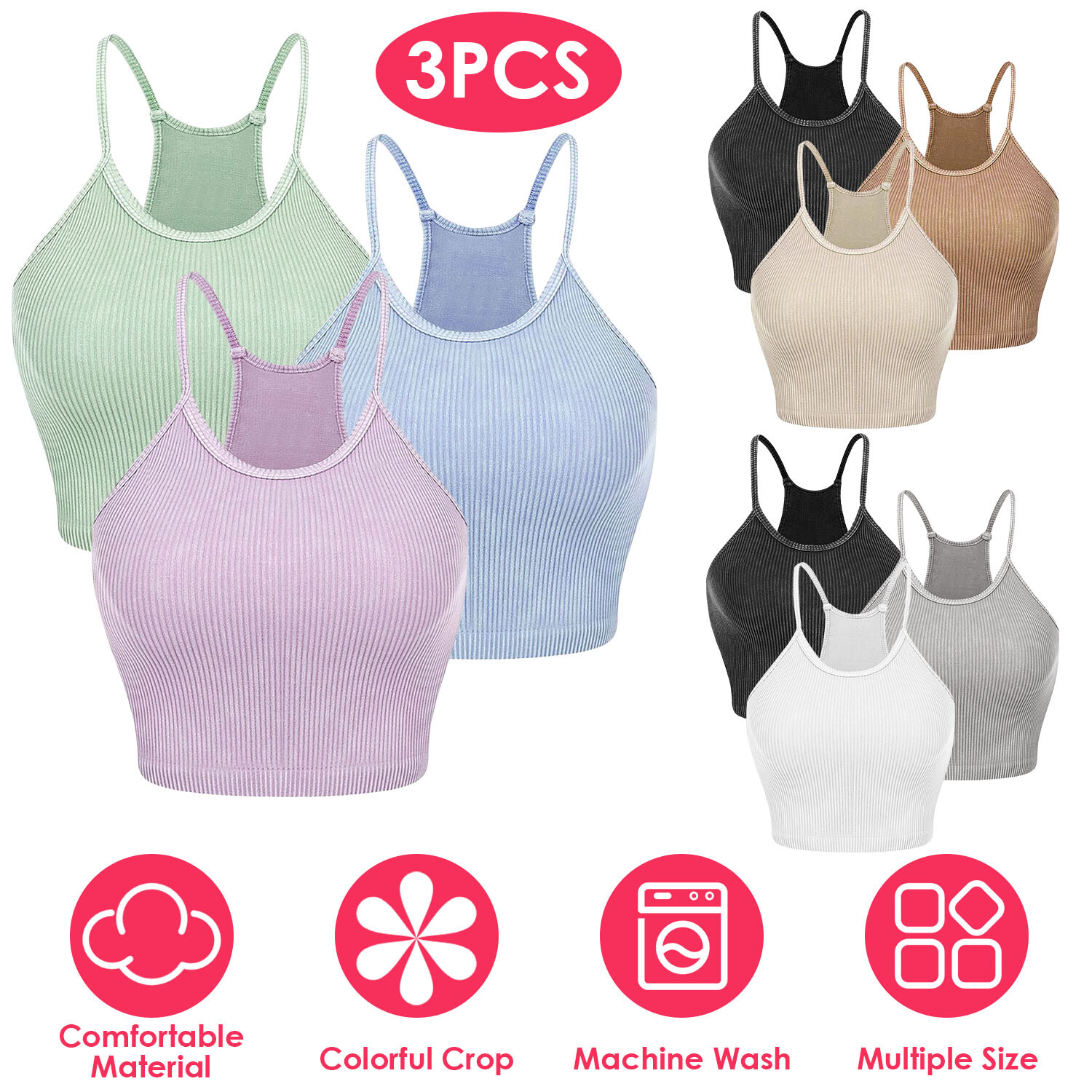 3 Pack Women Seamless Ribbed Knit Crop Tank Tops Workout Yoga Sleep Sports Bra